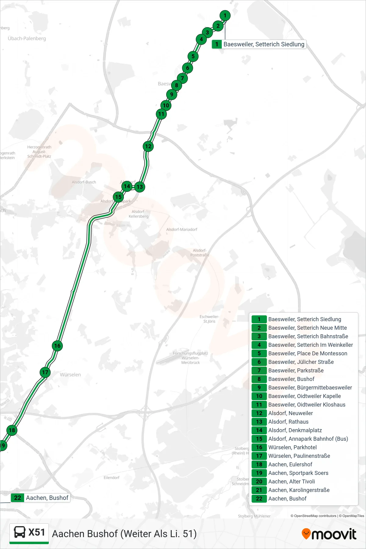 X51 bus Line (Aachen Bushof (Weiter Als Li. 51)) route and stops on a map