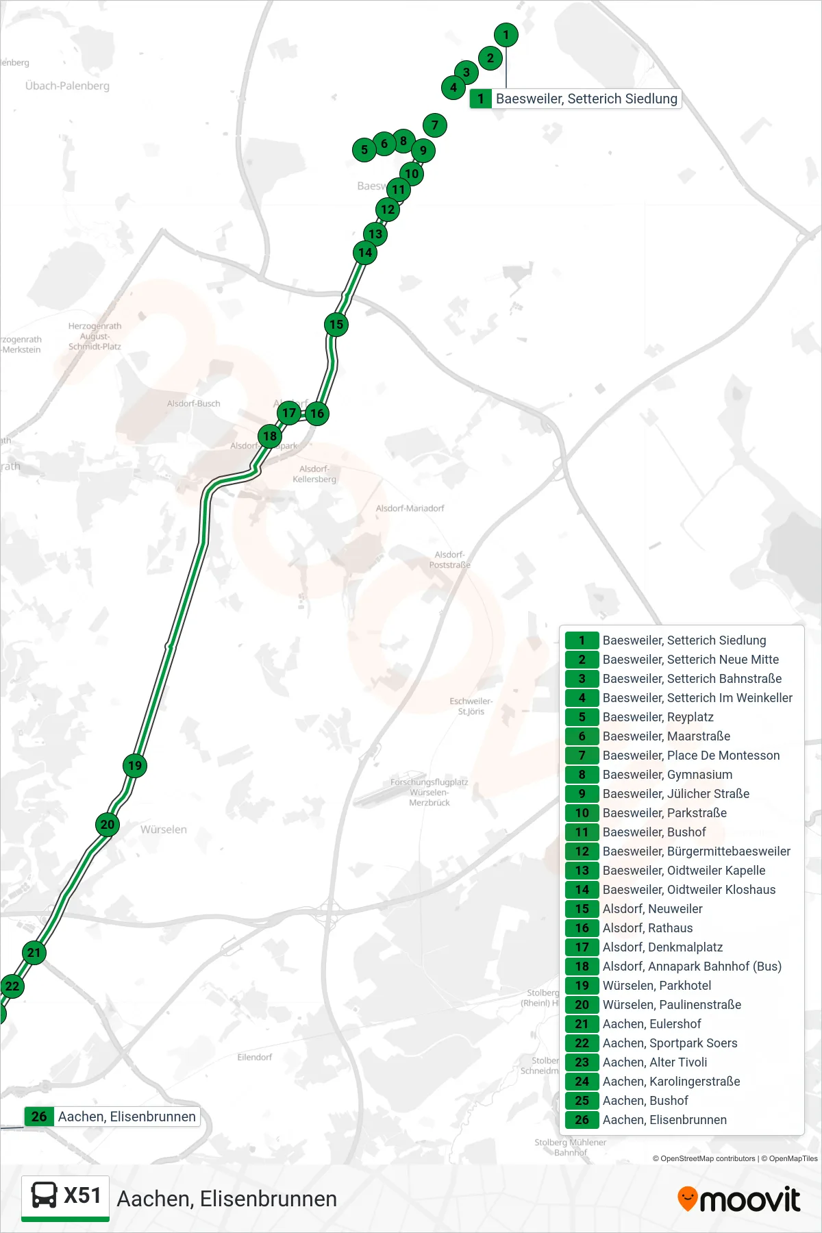X51 bus Line (Aachen, Elisenbrunnen) route and stops on a map
