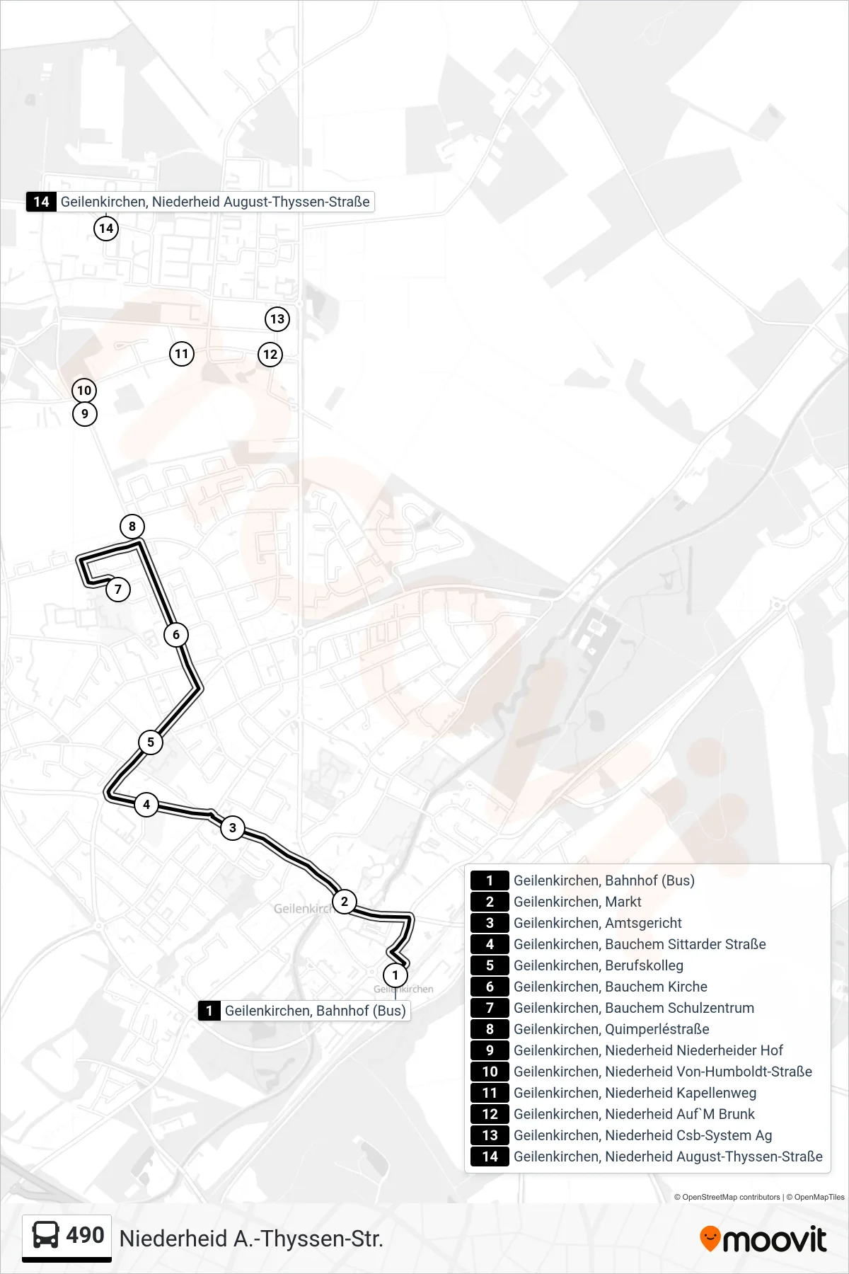Linie 490 (Bus) Richtung Niederheid A.-Thyssen-Str.: Route und Haltestellen auf der Karte