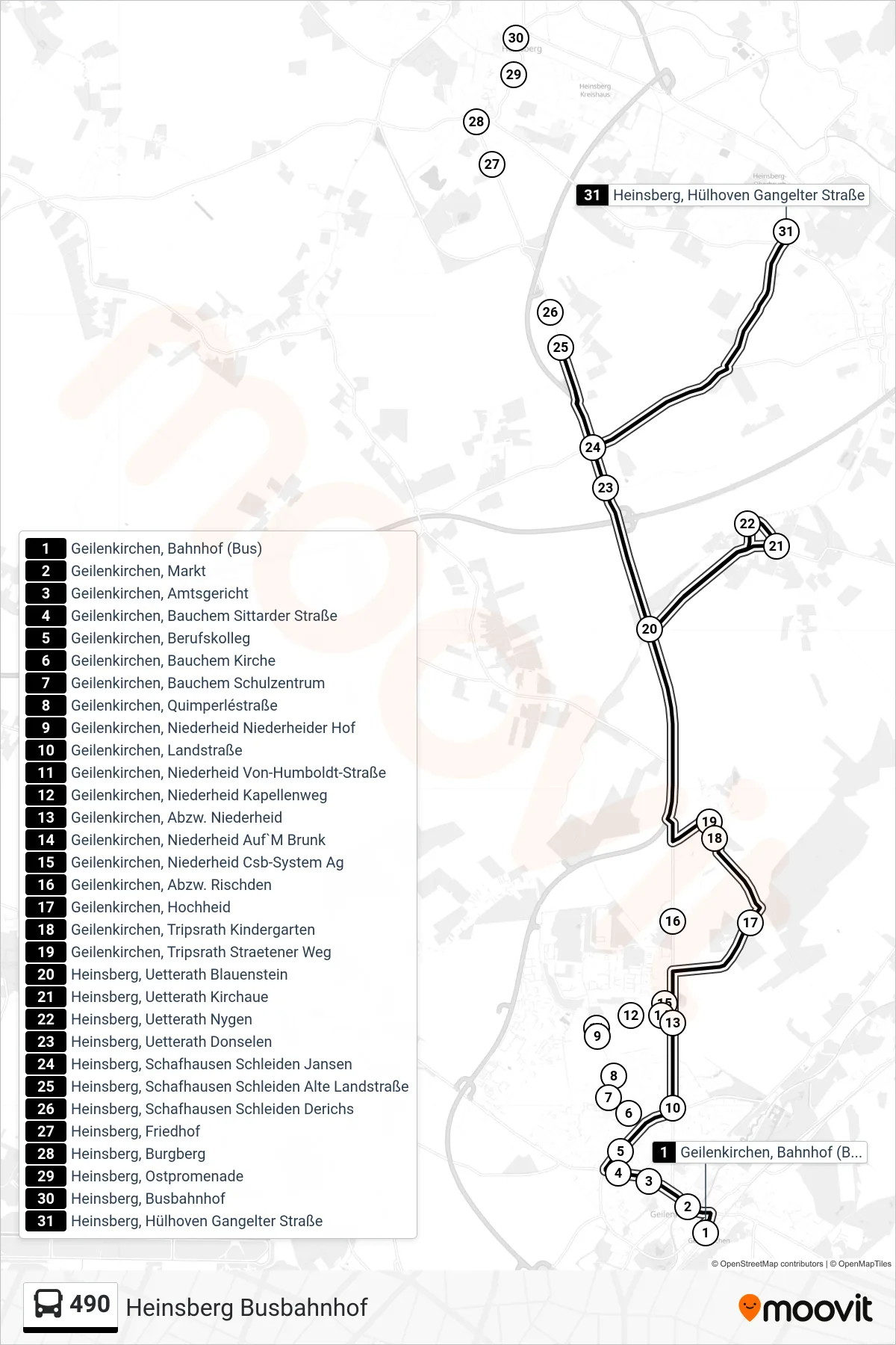 Linie 490 (Bus) Richtung Heinsberg Busbahnhof: Route und Haltestellen auf der Karte