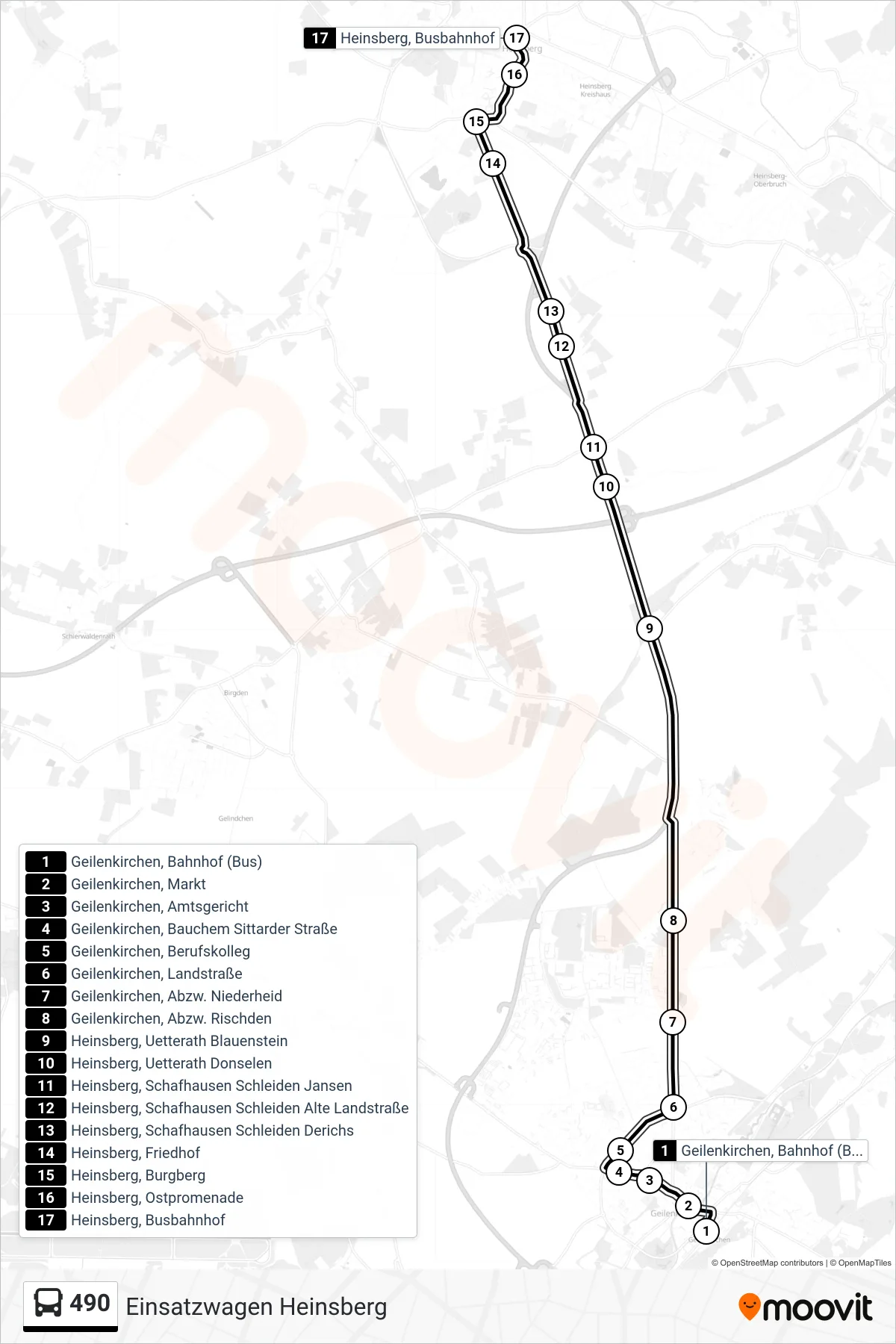 490 bus Line (Einsatzwagen Heinsberg) route and stops on a map