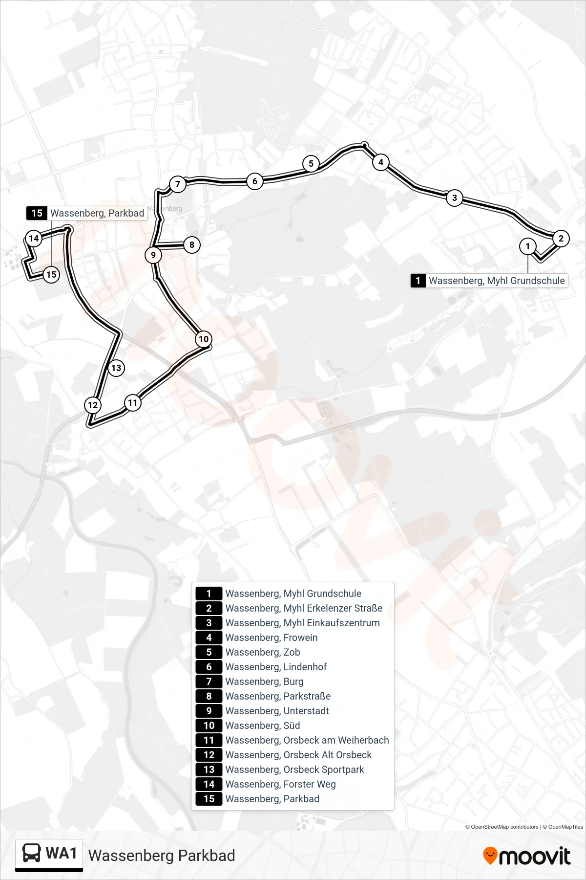 WA1 bus Line (Wassenberg Parkbad) route and stops on a map