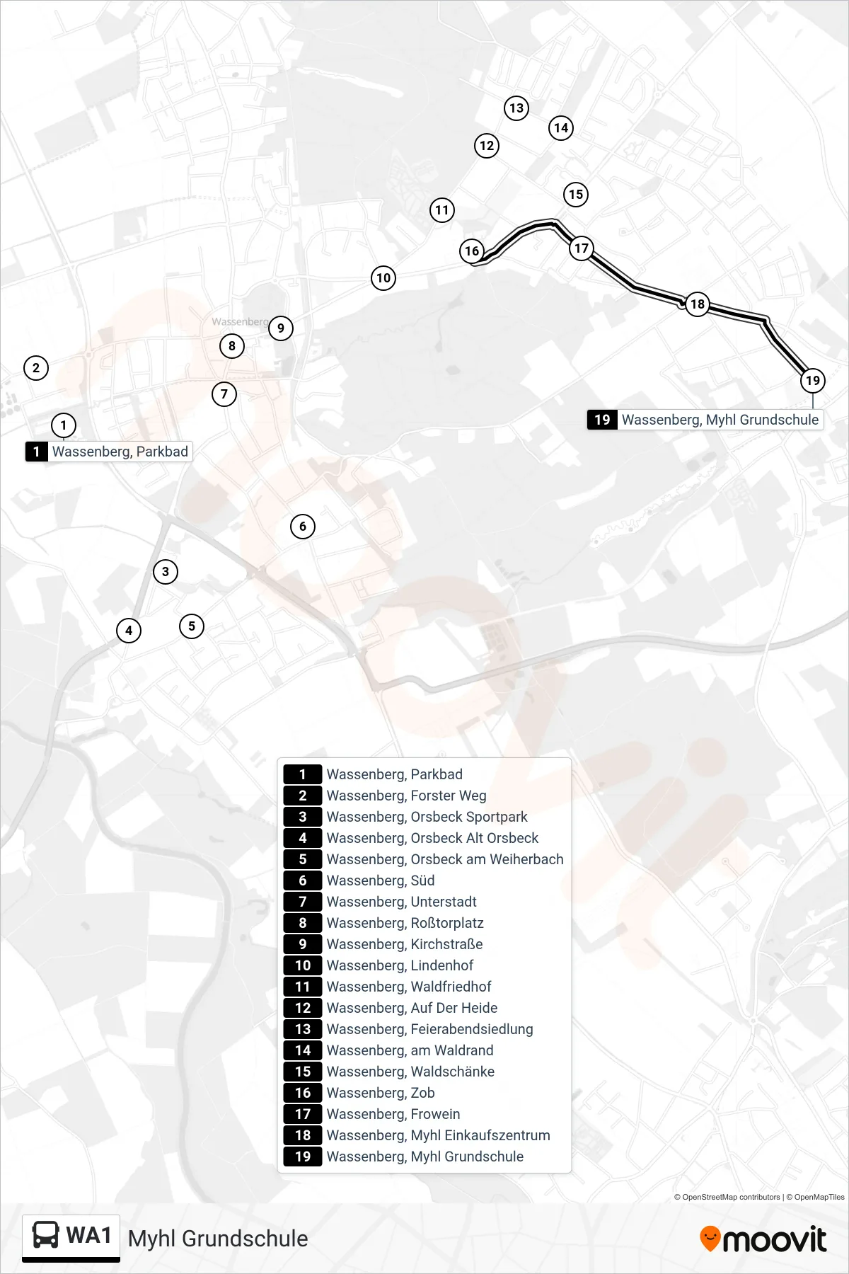 WA1 bus Line (Myhl Grundschule) route and stops on a map