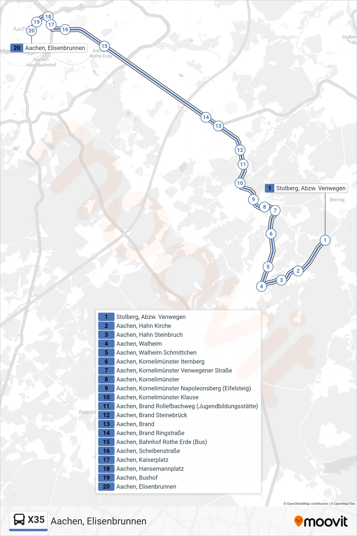 Linie X35 (Bus) Richtung Aachen, Elisenbrunnen: Route und Haltestellen auf der Karte