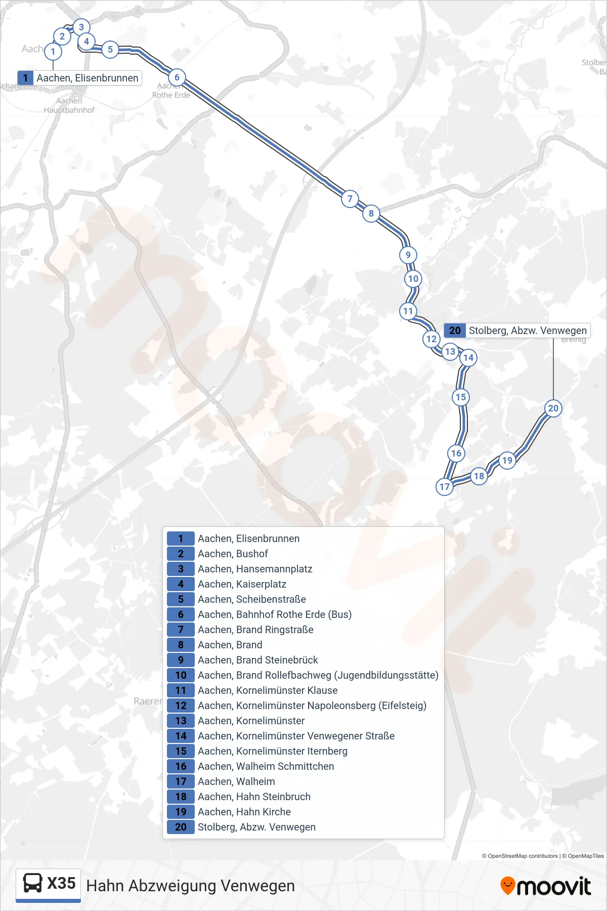 Linie X35 (Bus) Richtung Hahn Abzweigung Venwegen: Route und Haltestellen auf der Karte