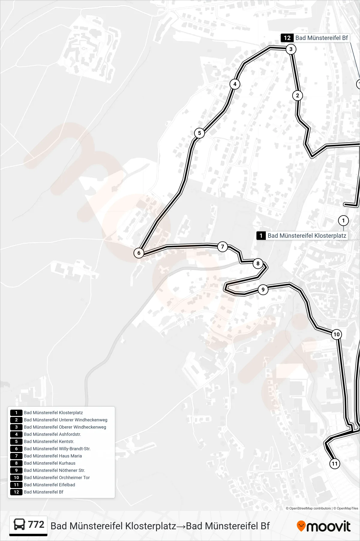 Linie 772 (Bus) Richtung Bad Münstereifel Klosterplatz‎→Bad Münstereifel Bf: Route und Haltestellen auf der Karte