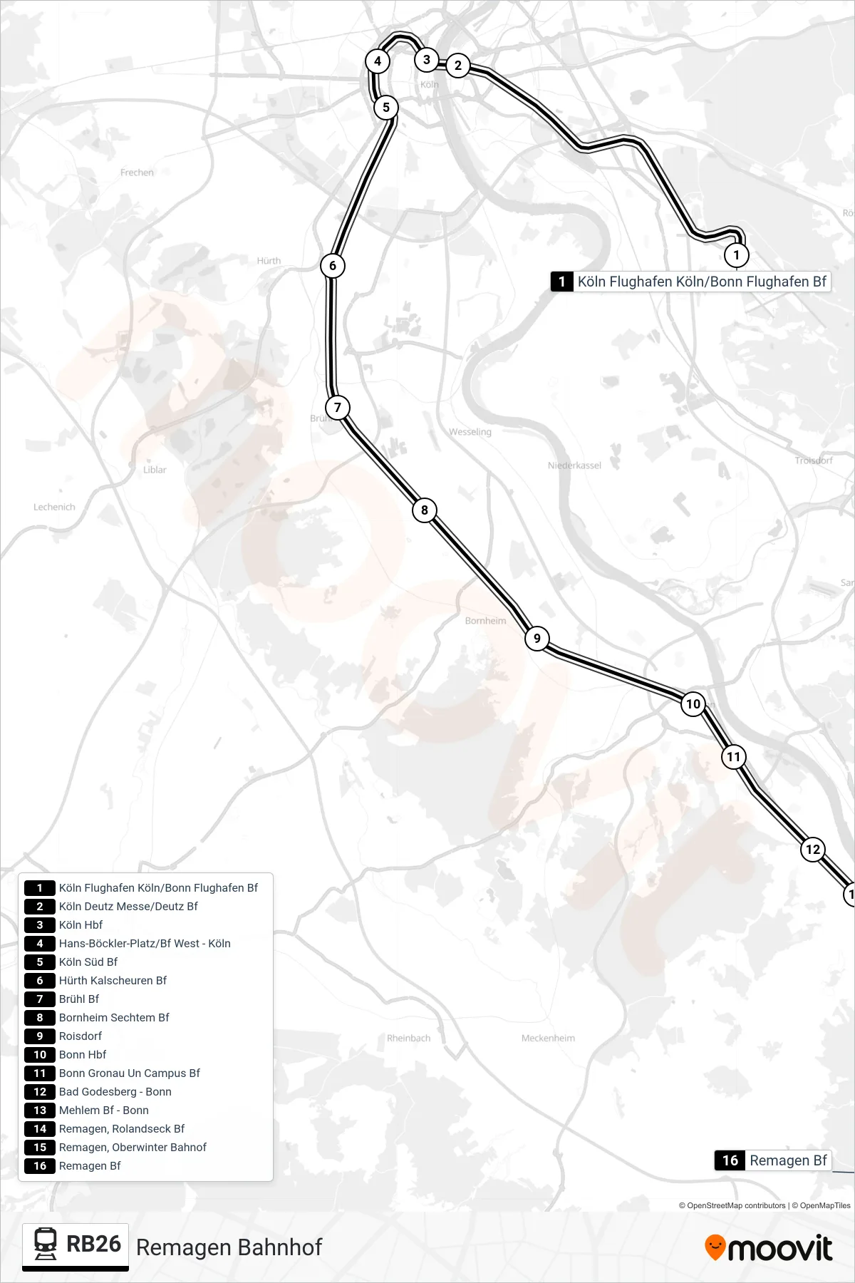 Linie RB26 (Bahn) Richtung Remagen Bahnhof: Route und Haltestellen auf der Karte