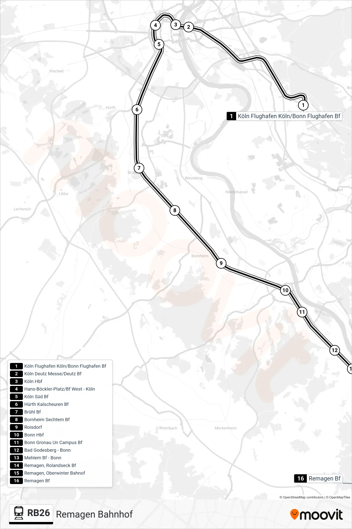 Linie RB26 (Bahn) Richtung Remagen Bahnhof: Route und Haltestellen auf der Karte