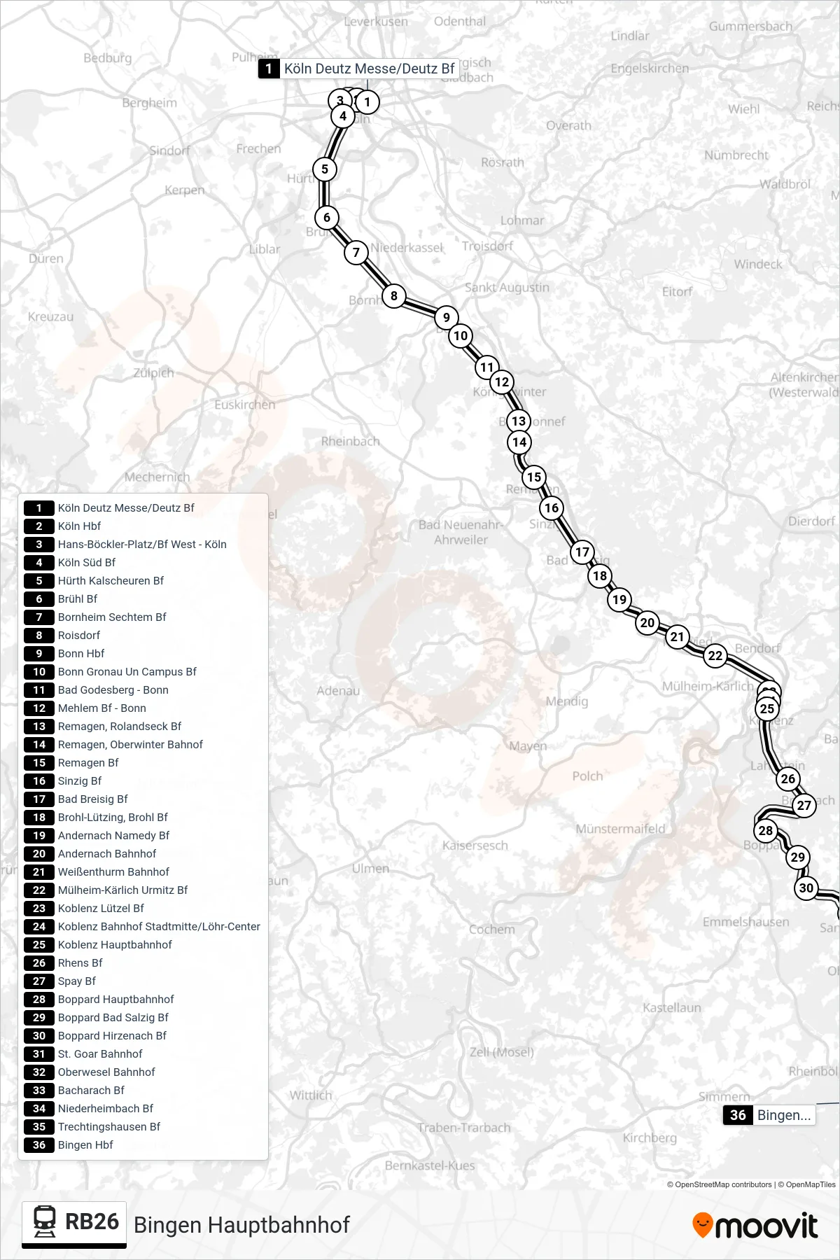 Linie RB26 (Bahn) Richtung Bingen Hauptbahnhof: Route und Haltestellen auf der Karte