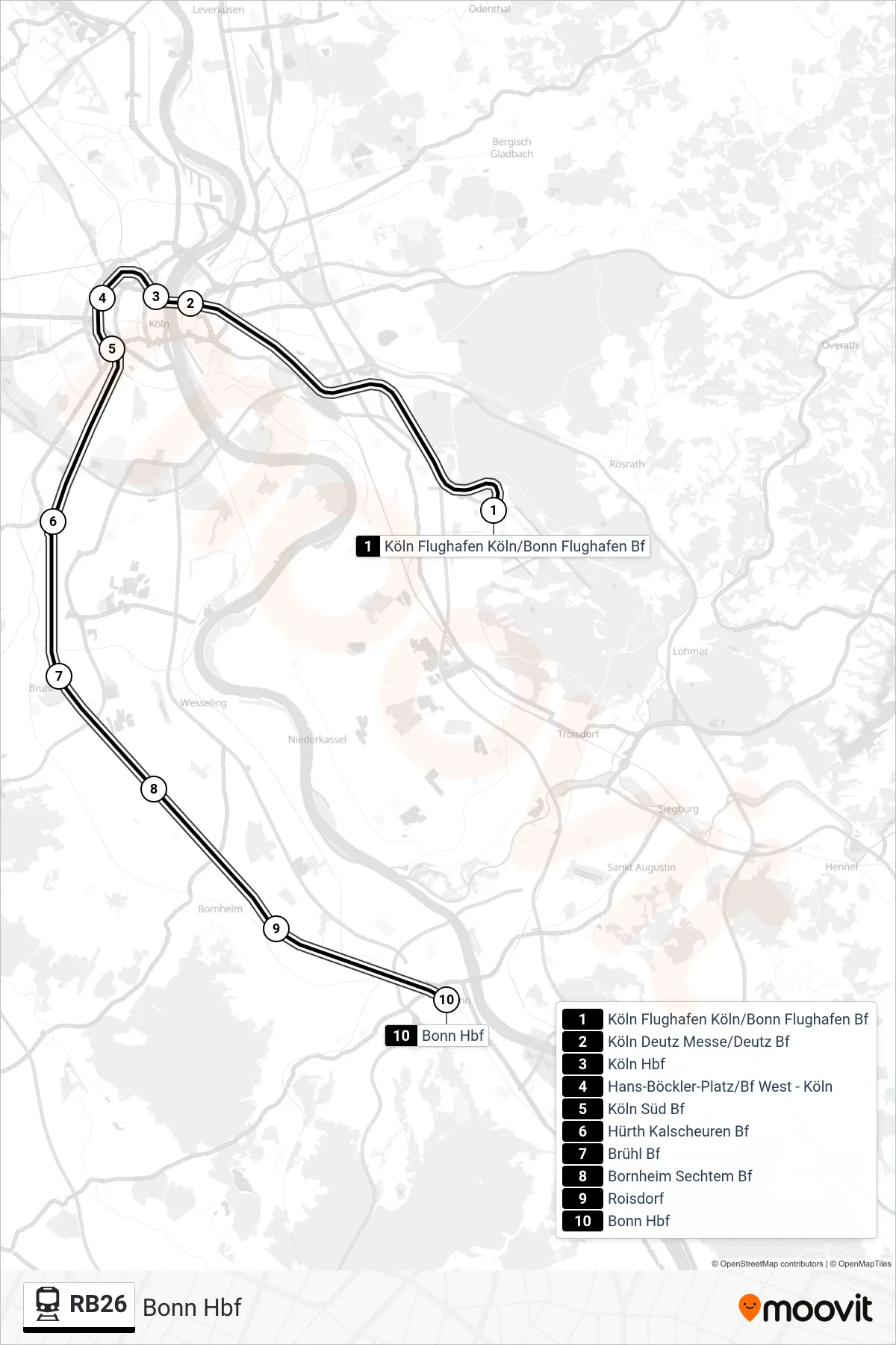 Linie RB26 (Bahn) Richtung Bonn Hbf: Route und Haltestellen auf der Karte