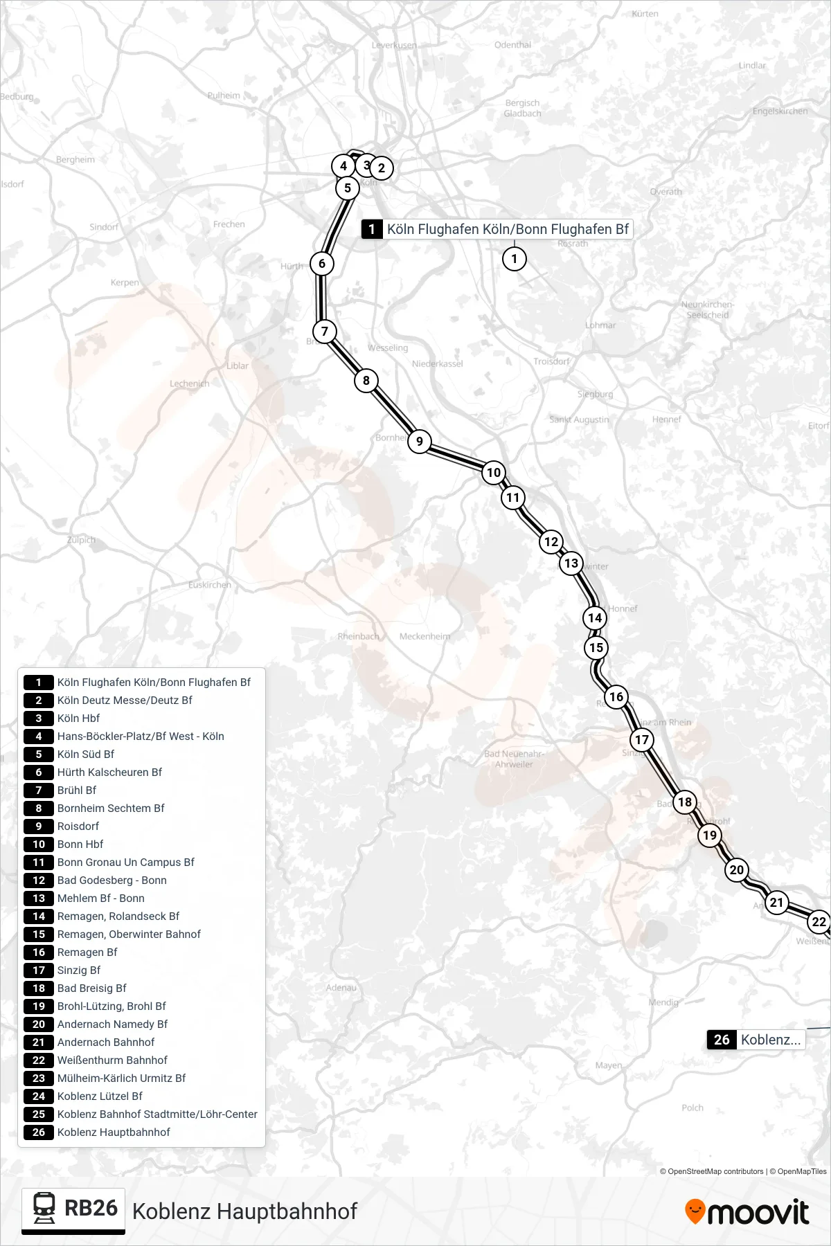 RB26 train Line (Koblenz Hauptbahnhof) route and stops on a map