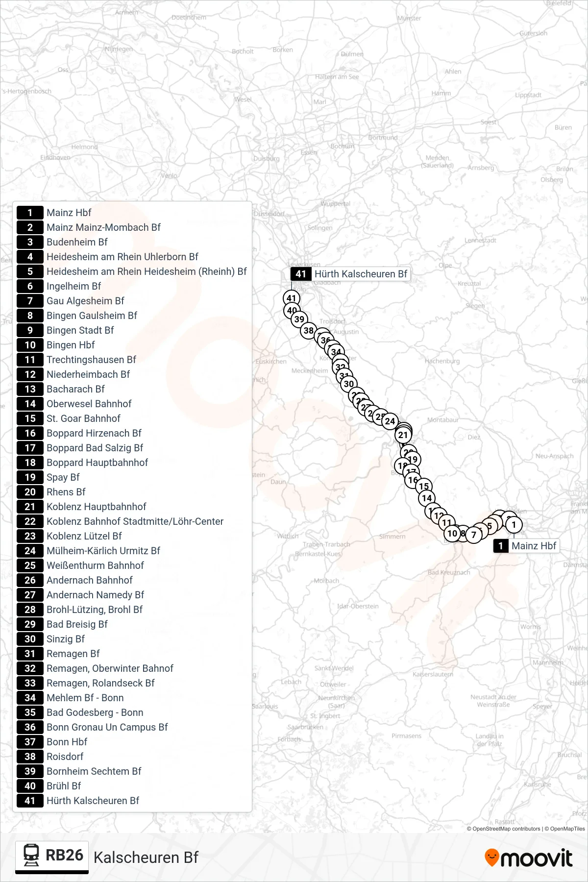 RB26 rail Line (Kalscheuren Bf) route and stops on a map