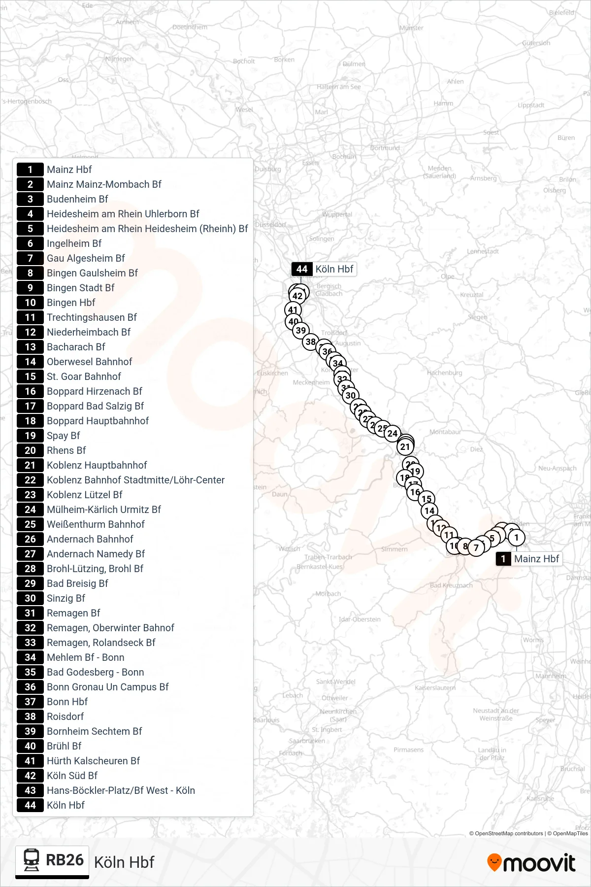 Linie RB26 (Bahn) Richtung Köln Hbf: Route und Haltestellen auf der Karte