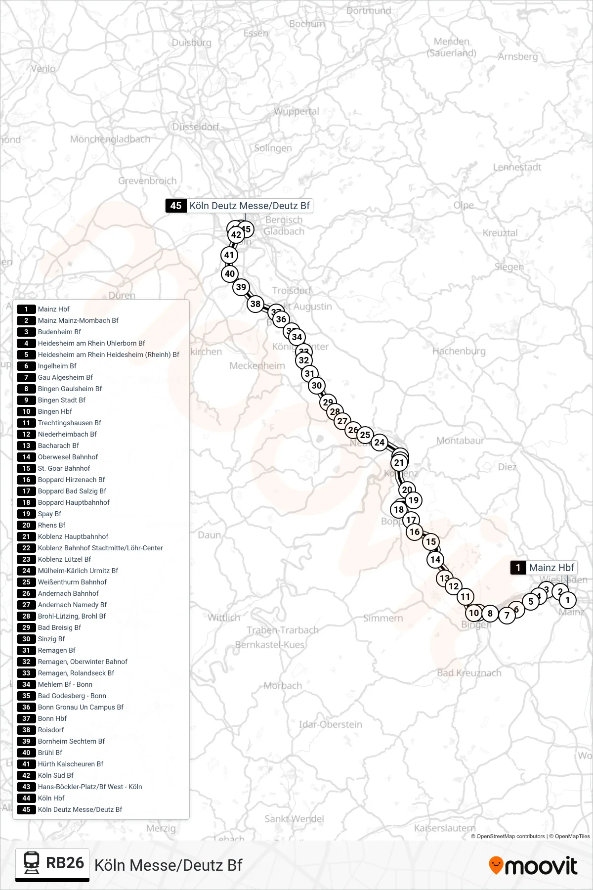 RB26 train Line (Köln Messe/Deutz Bf) route and stops on a map
