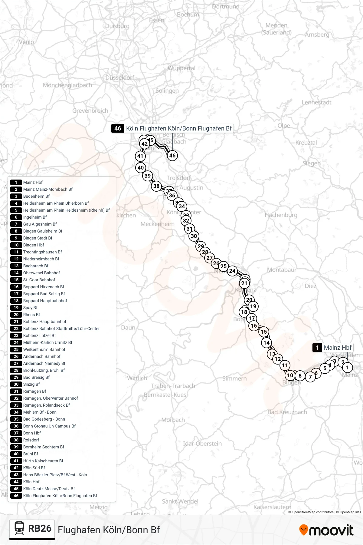 Linie RB26 (Bahn) Richtung Flughafen Köln/Bonn Bf: Route und Haltestellen auf der Karte