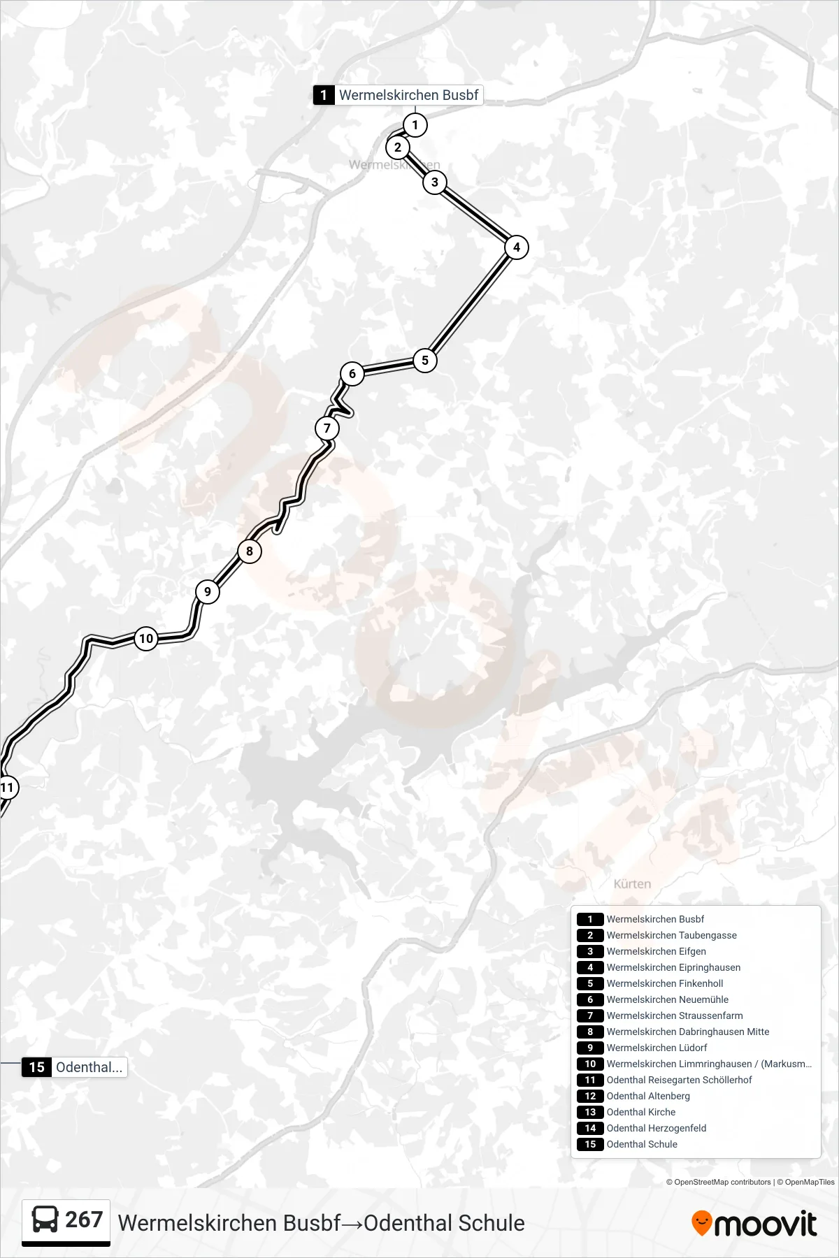 267 bus Line (Wermelskirchen Busbf‎→Odenthal Schule) route and stops on a map