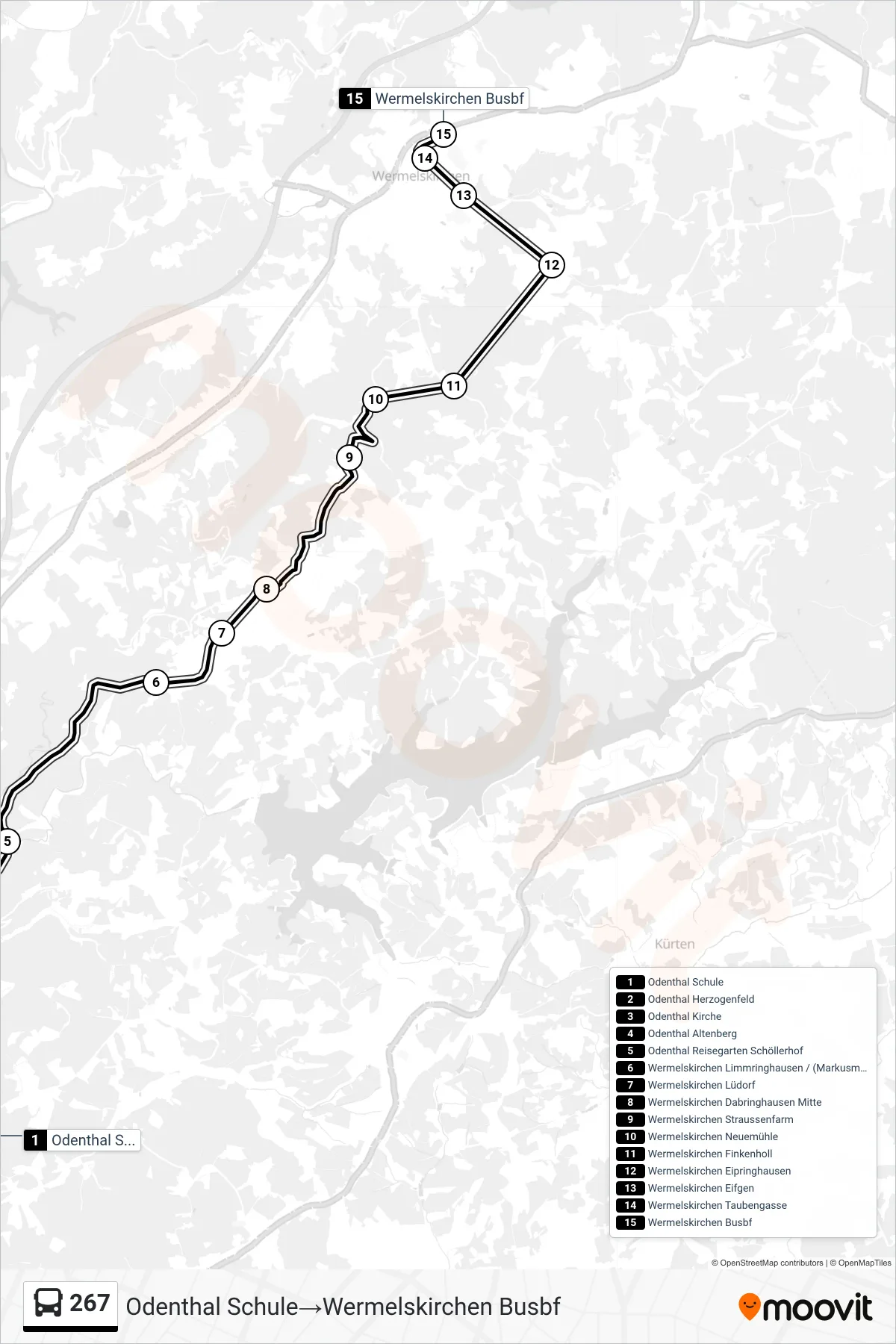 Linie 267 (Bus) Richtung Odenthal Schule‎→Wermelskirchen Busbf: Route und Haltestellen auf der Karte