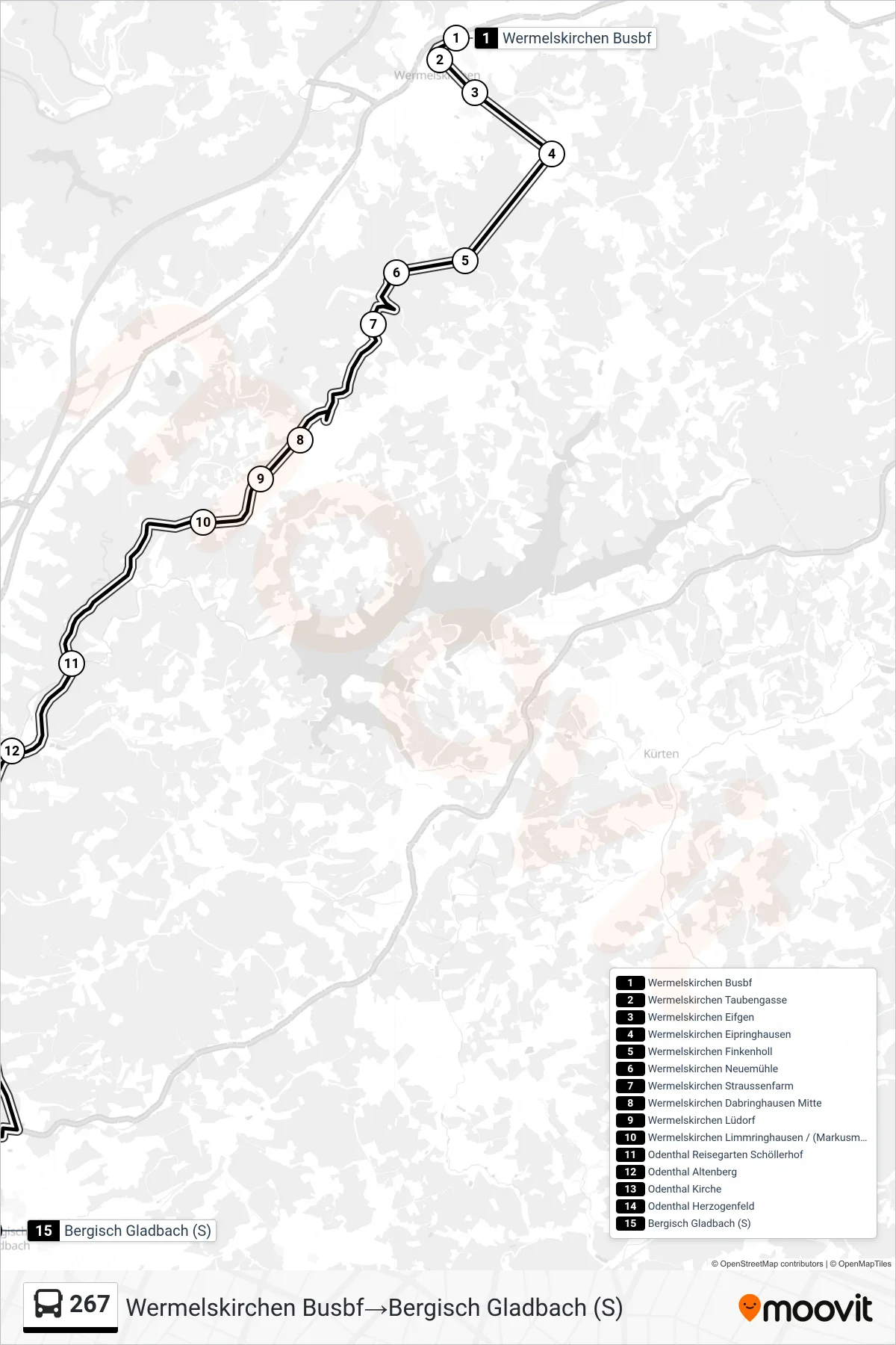 Linie 267 (Bus) Richtung Wermelskirchen Busbf‎→Bergisch Gladbach (S): Route und Haltestellen auf der Karte