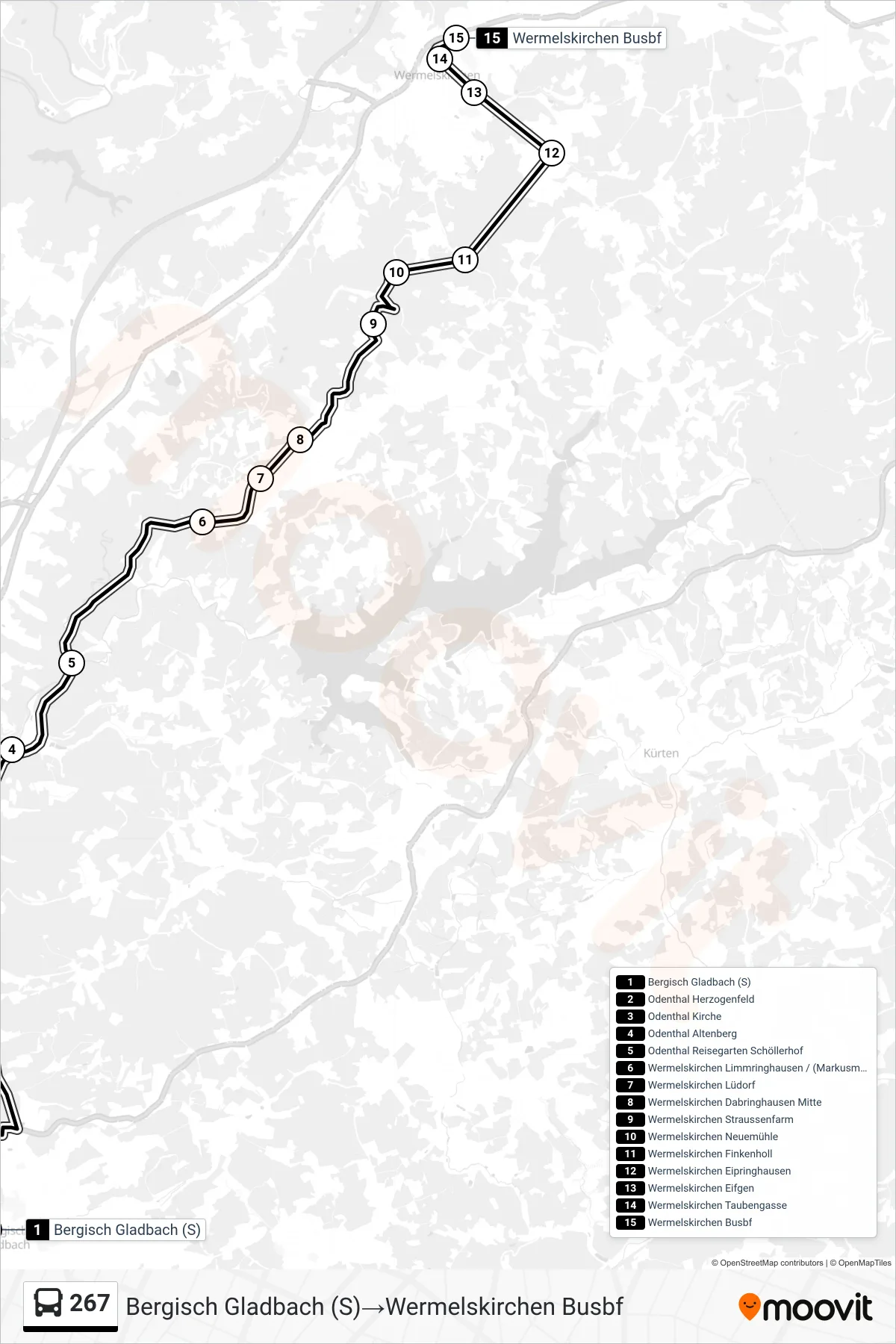 Linie 267 (Bus) Richtung Bergisch Gladbach (S)→Wermelskirchen Busbf: Route und Haltestellen auf der Karte