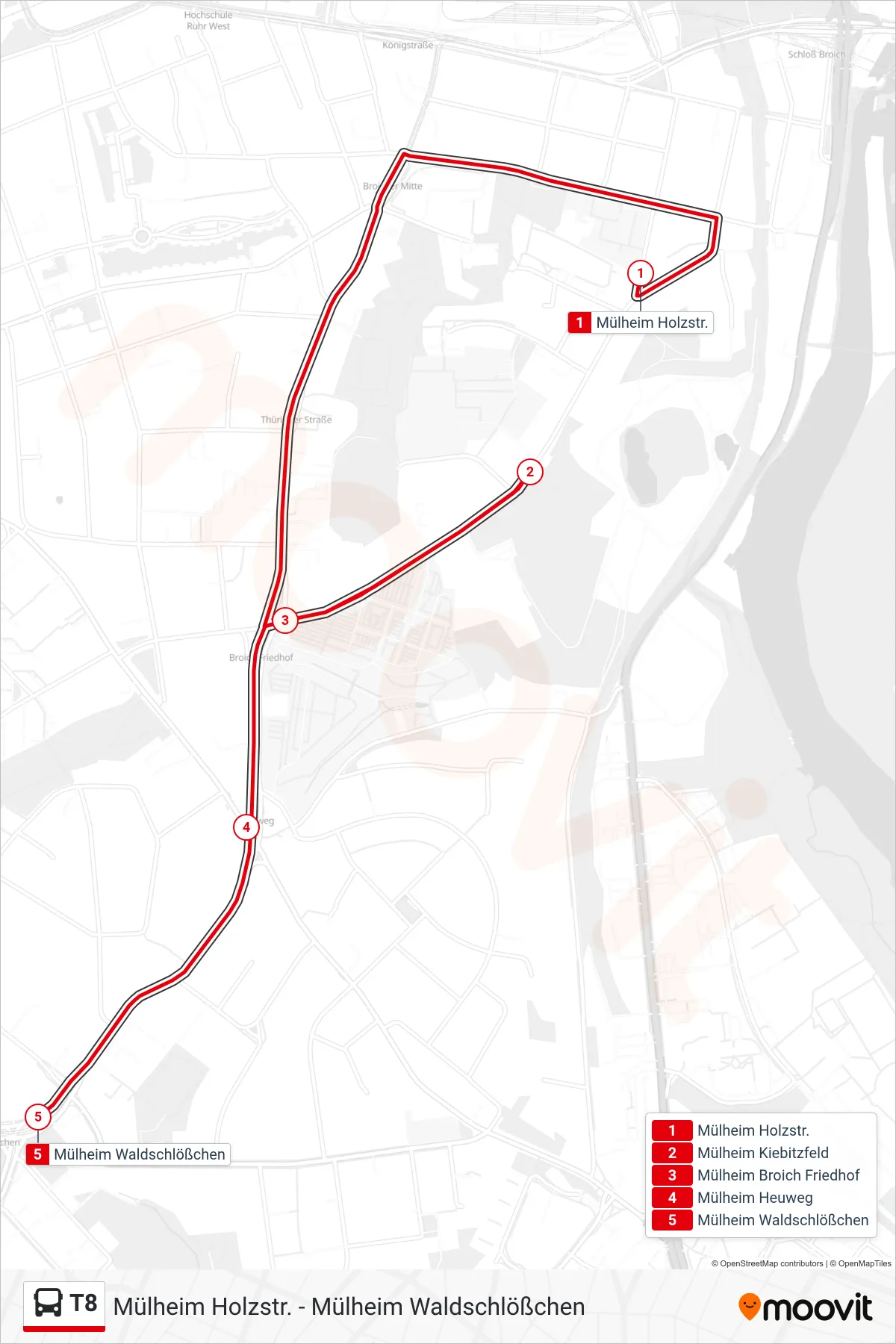 Linie T8 (Bus) Richtung Mülheim Waldschlößchen: Route und Haltestellen auf der Karte