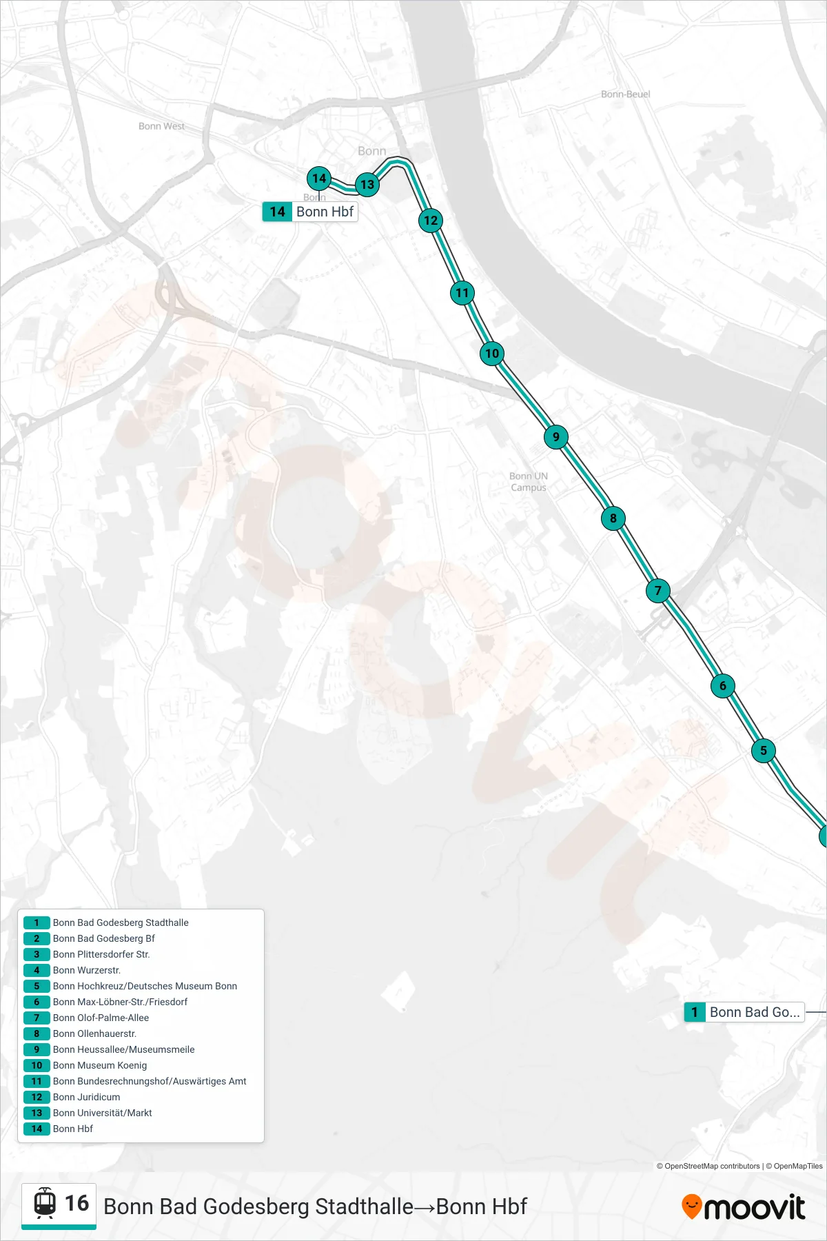 16 tram Line (Bonn Bad Godesberg Stadthalle‎→Bonn Hbf) route and stops on a map