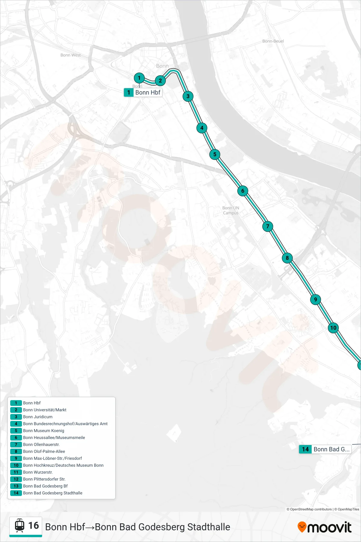 Linie 16 (Straßenbahn) Richtung Bonn Hbf→Bonn Bad Godesberg Stadthalle: Route und Haltestellen auf der Karte
