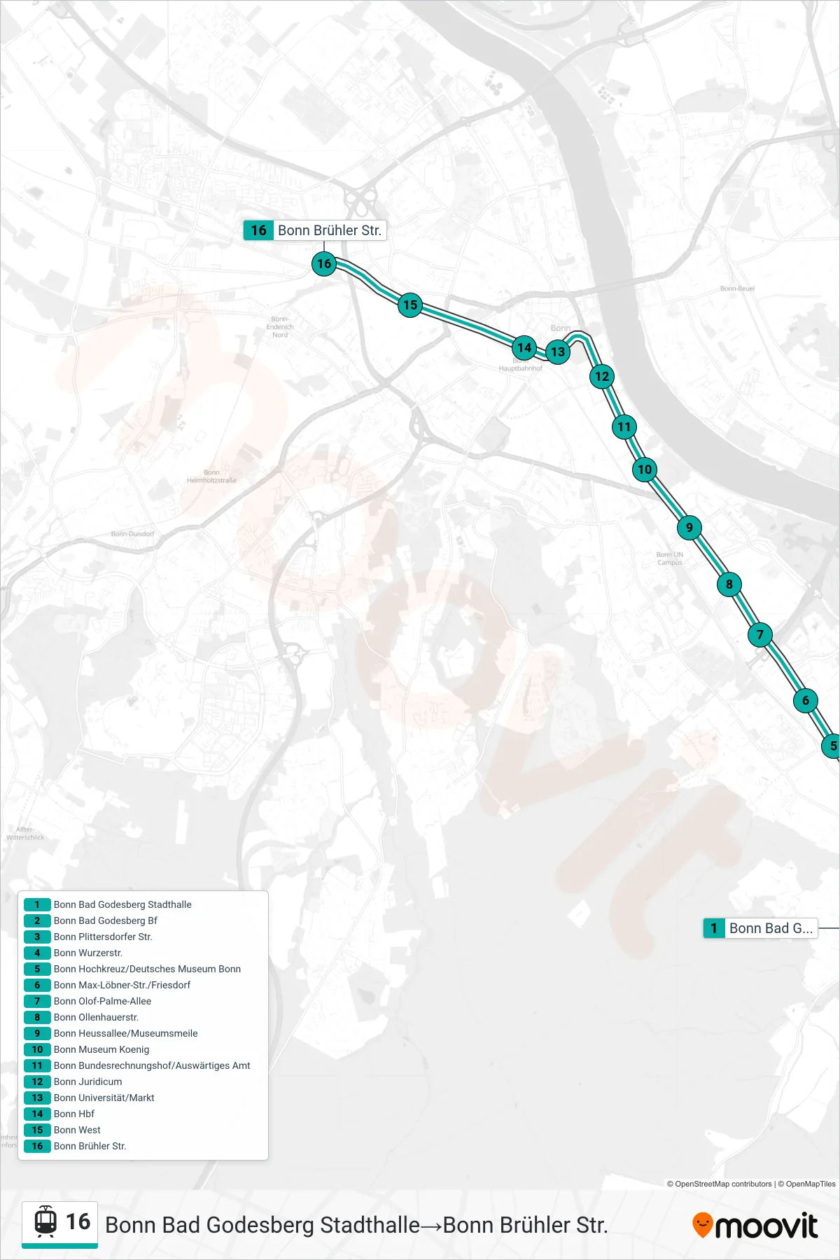 Linie 16 (Straßenbahn) Richtung Bonn Bad Godesberg Stadthalle→Bonn Brühler Str.: Route und Haltestellen auf der Karte