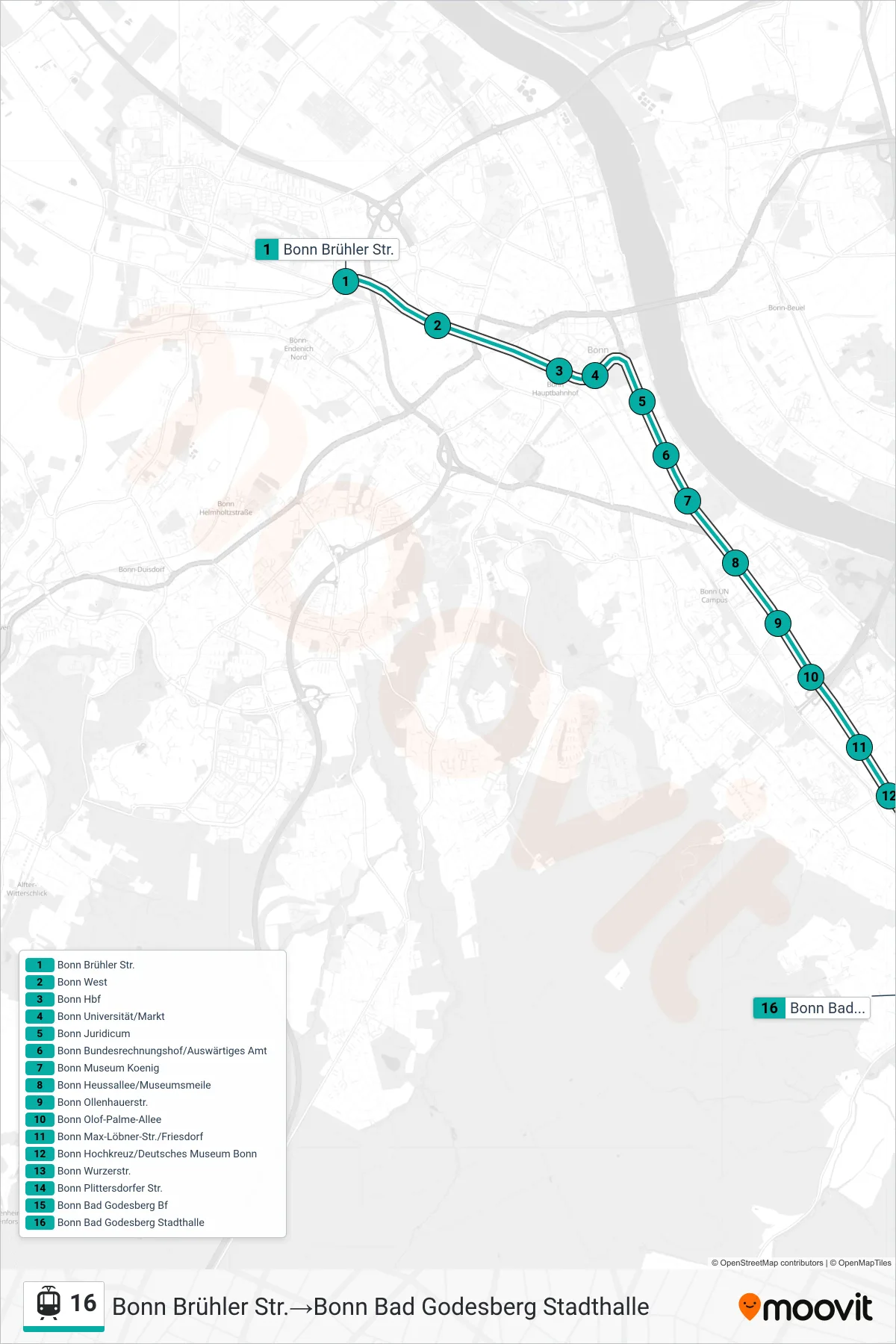 16 light rail Line (Bonn Brühler Str.→Bonn Bad Godesberg Stadthalle) route and stops on a map