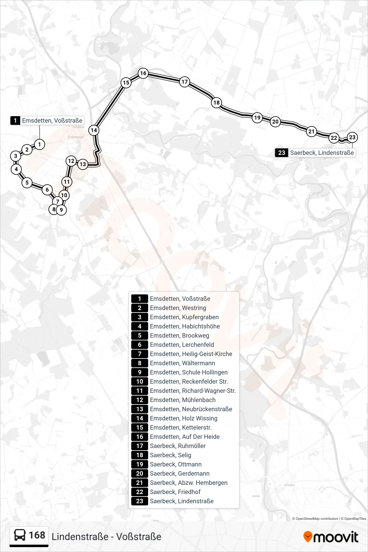 168 bus Line (Saerbeck, Lindenstraße Bstg A) route and stops on a map