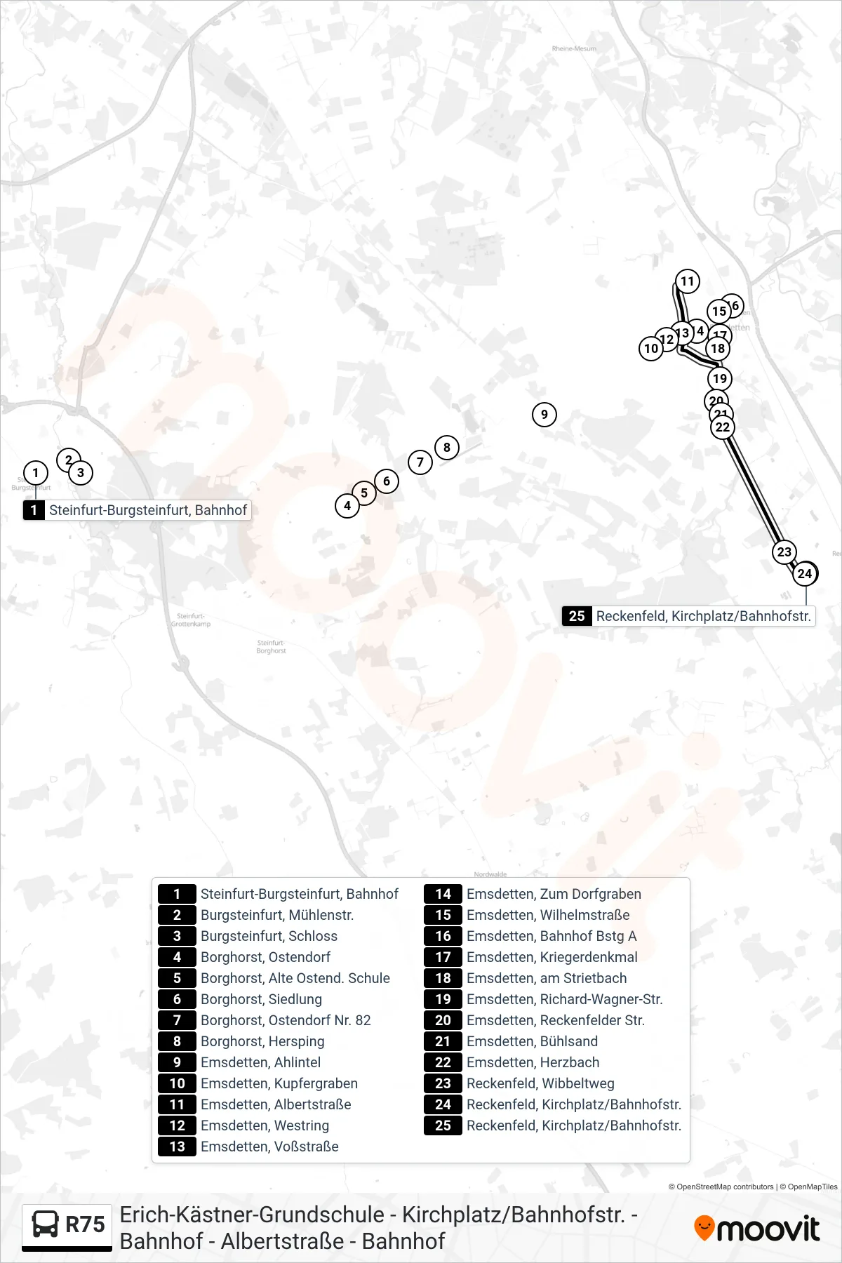 R75 bus Line (Reckenfeld, Kirchplatz/Bahnhofstr.) route and stops on a map