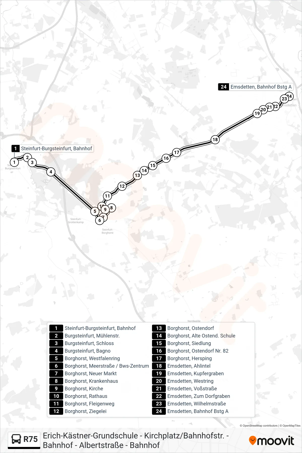 R75 bus Line (Emsdetten, Bahnhof Bstg A) route and stops on a map