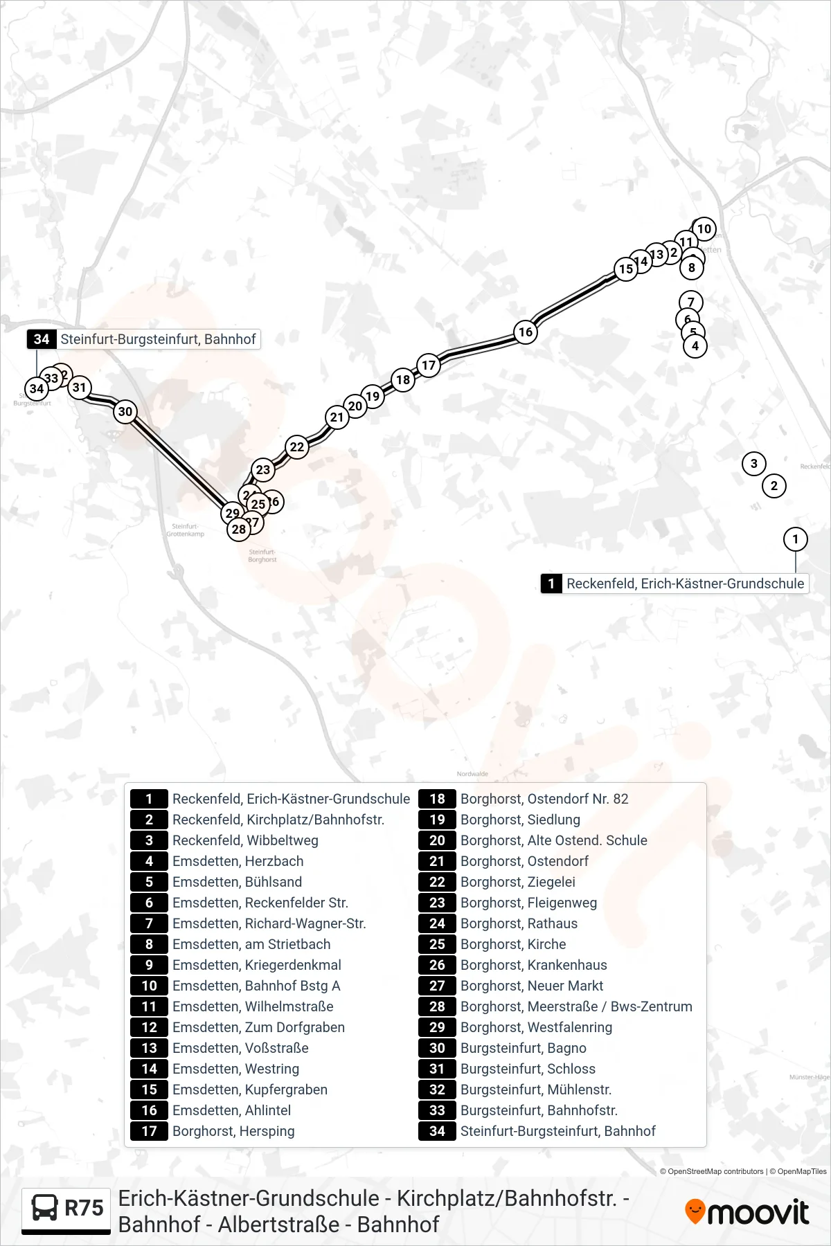 Linie R75 (Bus) Richtung Steinfurt-Burgsteinfurt, Bahnhof: Route und Haltestellen auf der Karte