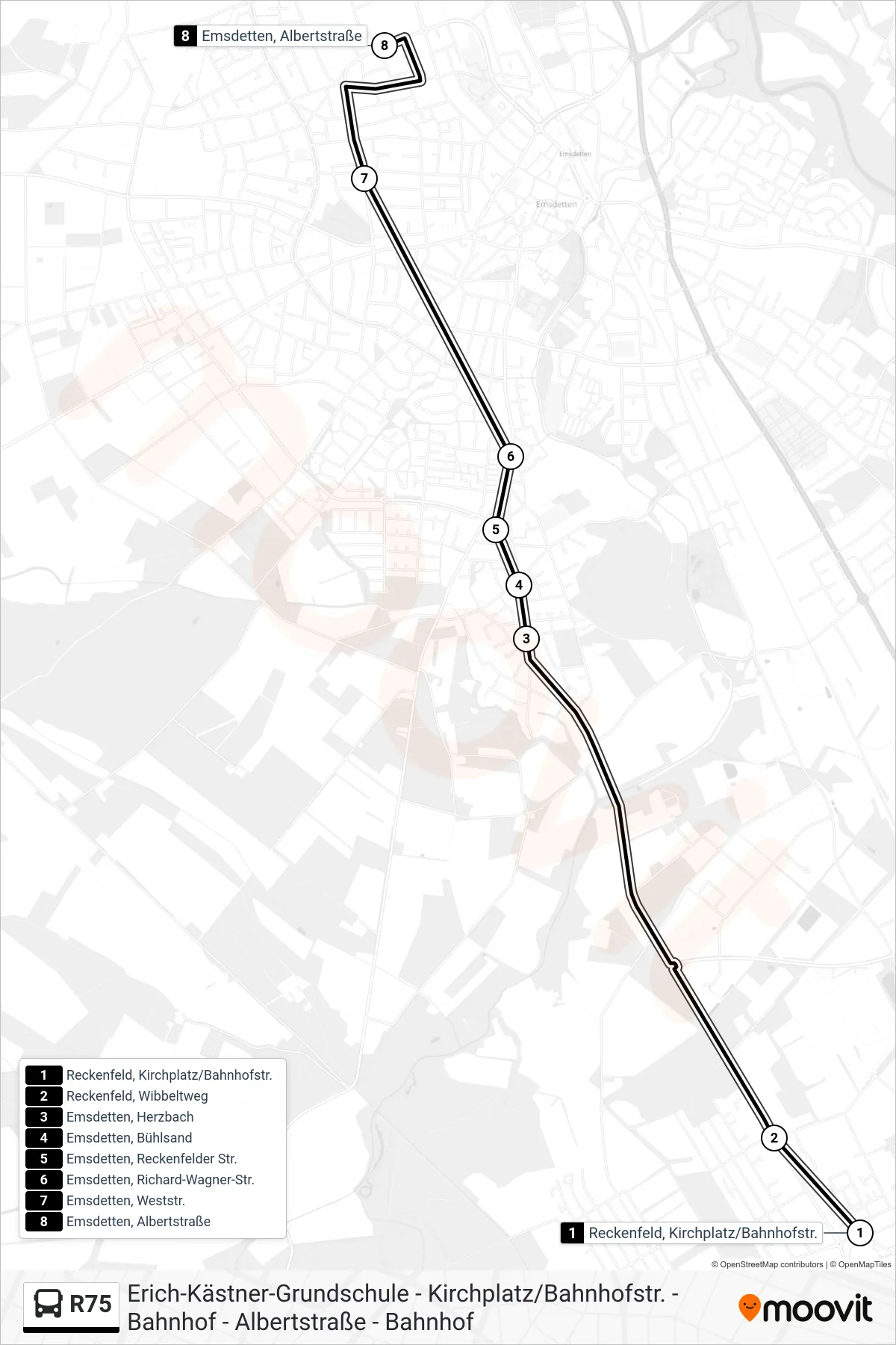 R75 bus Line (Emsdetten, Albertstraße) route and stops on a map