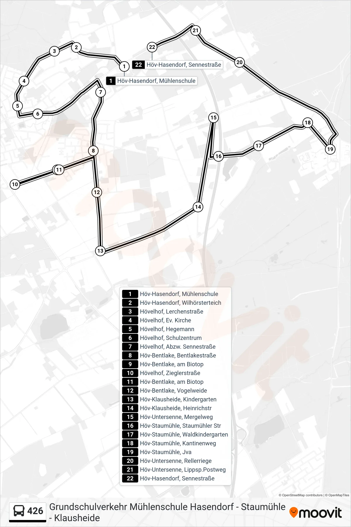 426 bus Line (Höv-Hasendorf, Sennestraße) route and stops on a map