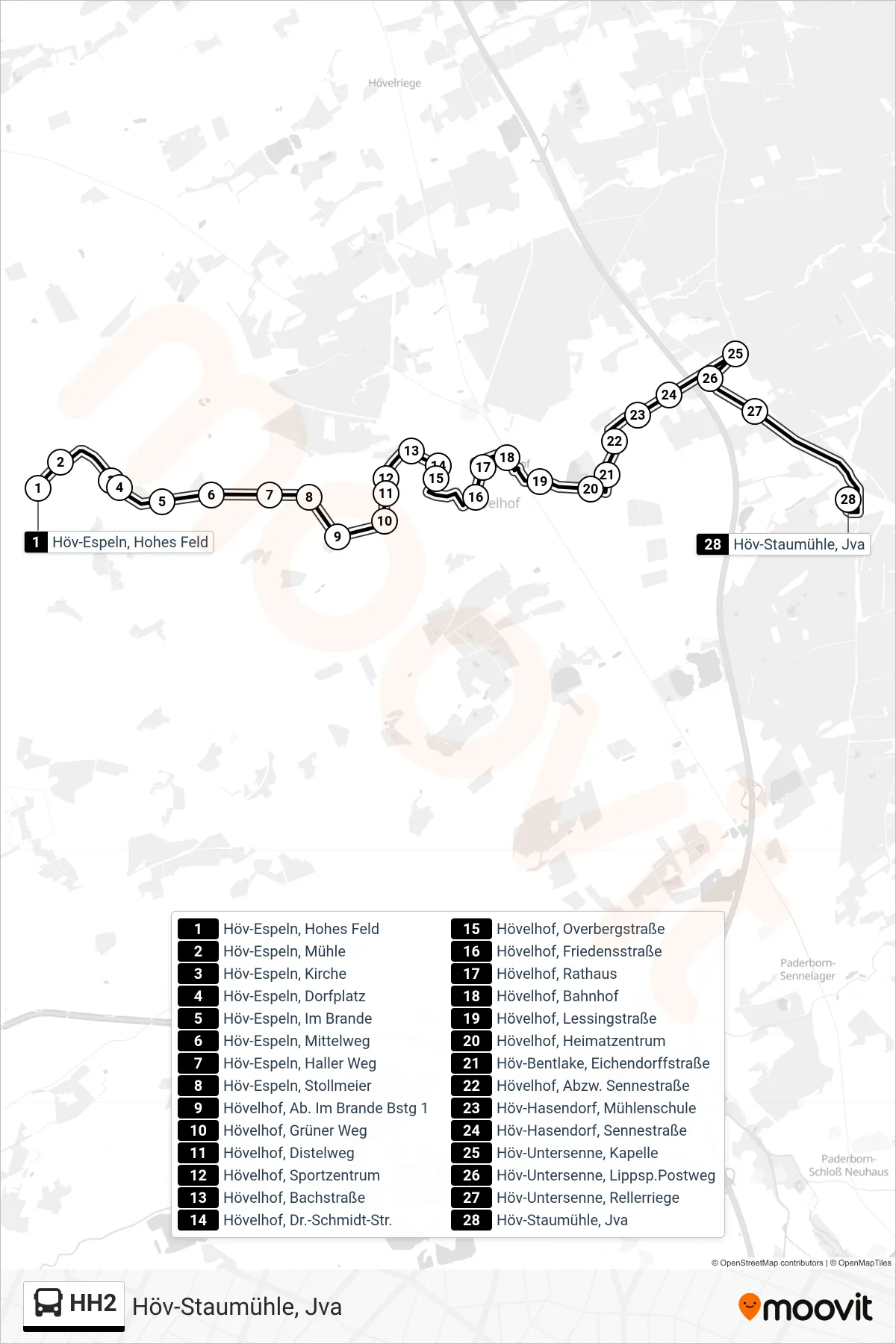 Linie HH2 (Bus) Richtung Höv-Staumühle, Jva: Route und Haltestellen auf der Karte