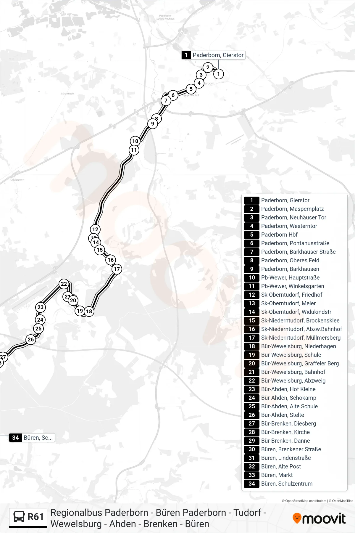 Linie R61 (Bus) Richtung Büren, Schulzentrum: Route und Haltestellen auf der Karte