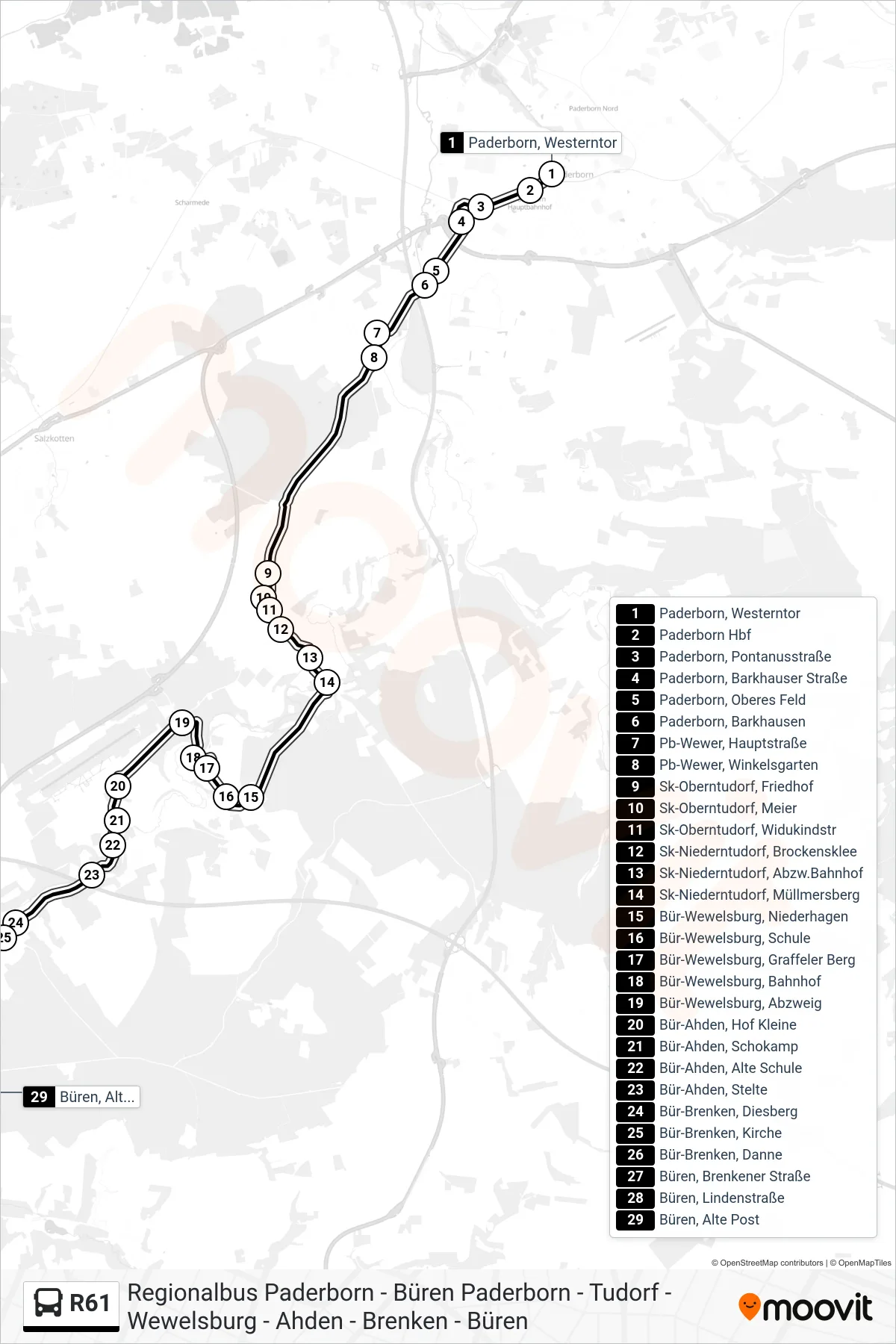 R61 bus Line (Büren, Alte Post) route and stops on a map