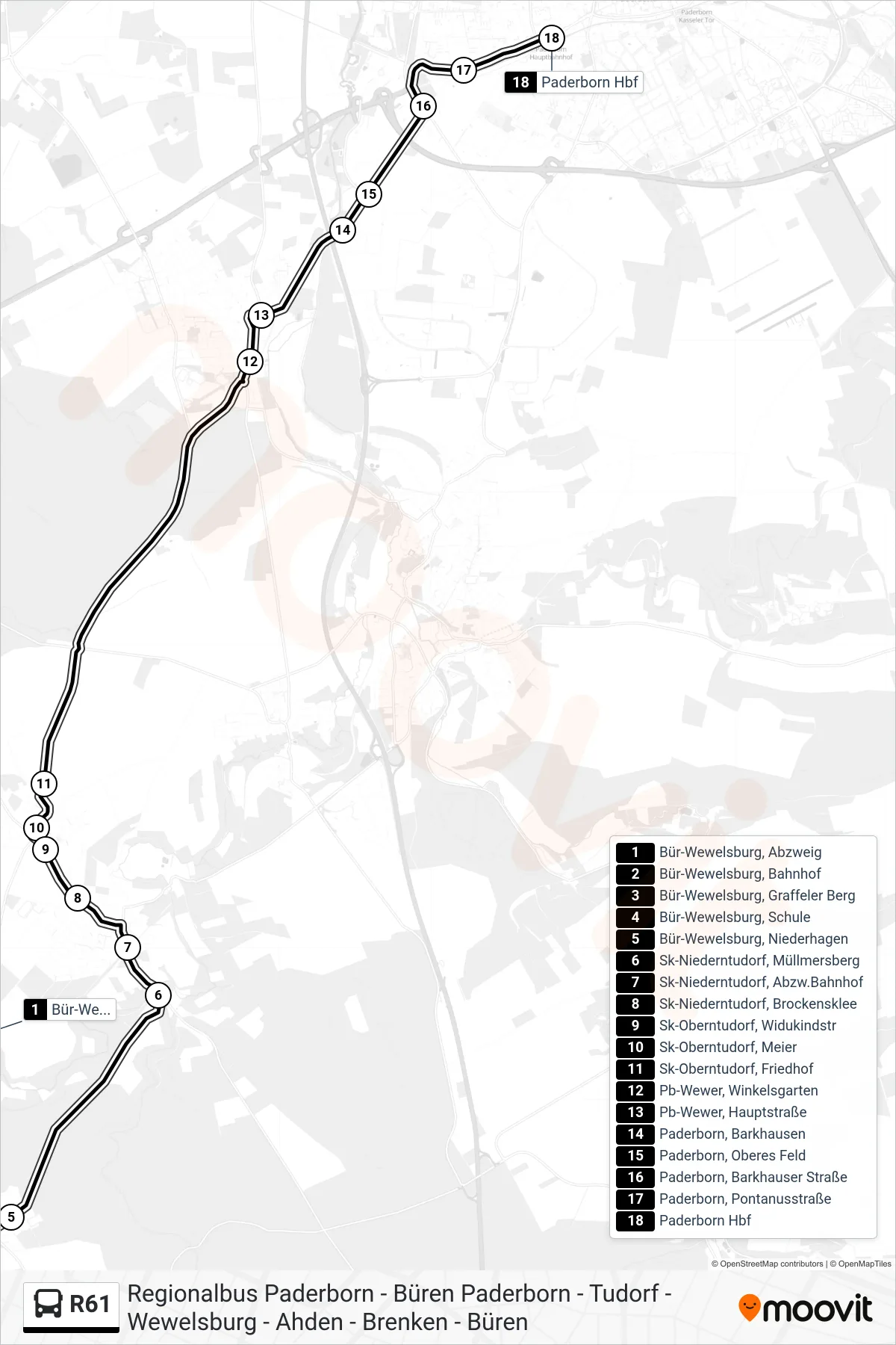 Linie R61 (Bus) Richtung Paderborn Hbf Bstg A4: Route und Haltestellen auf der Karte