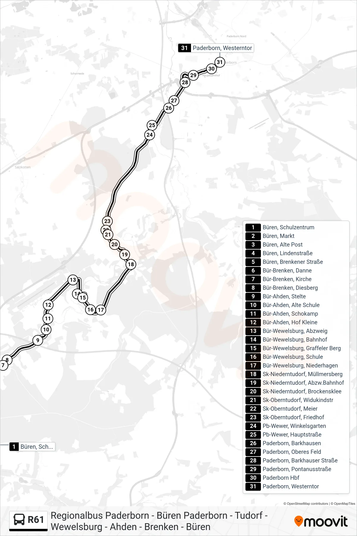 R61 bus Line (Paderborn, Westerntor Steig C) route and stops on a map