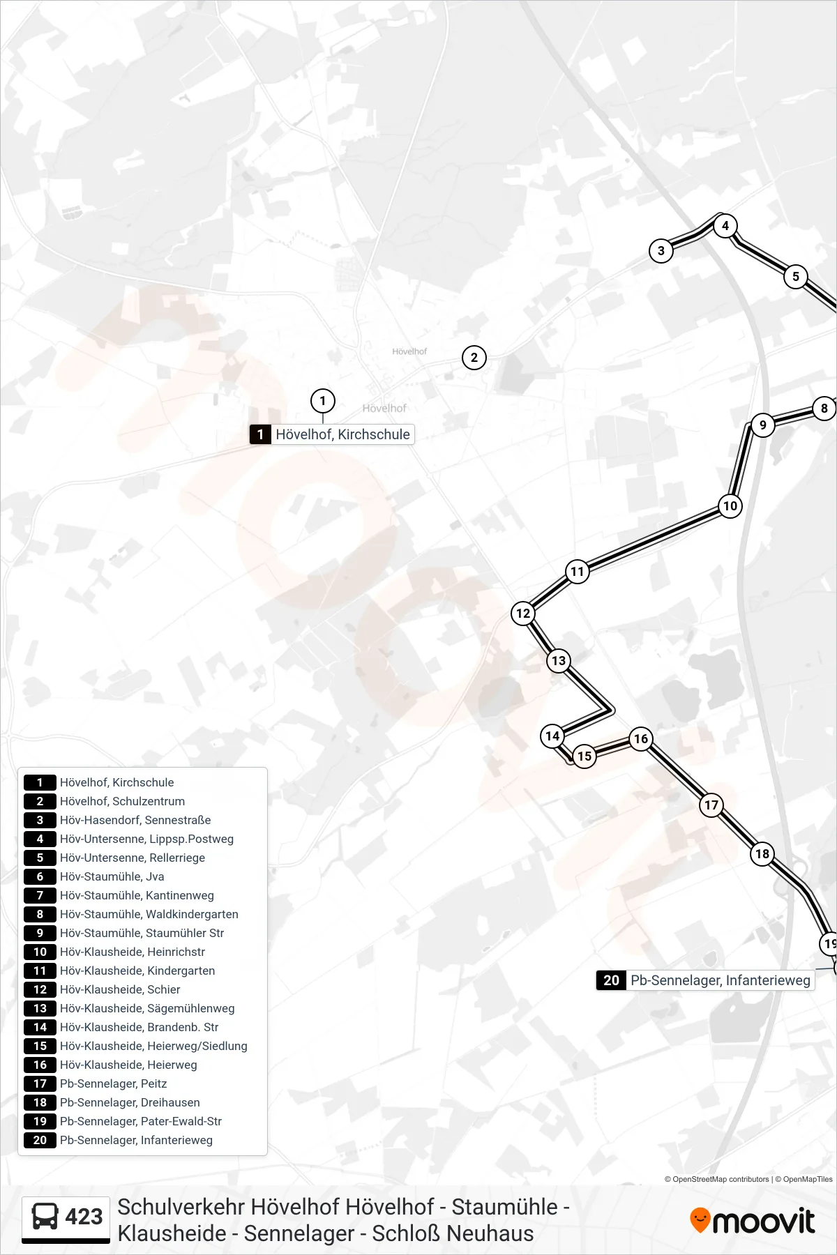 Linie 423 (Bus) Richtung Pb-Sennelager, Infanterieweg: Route und Haltestellen auf der Karte