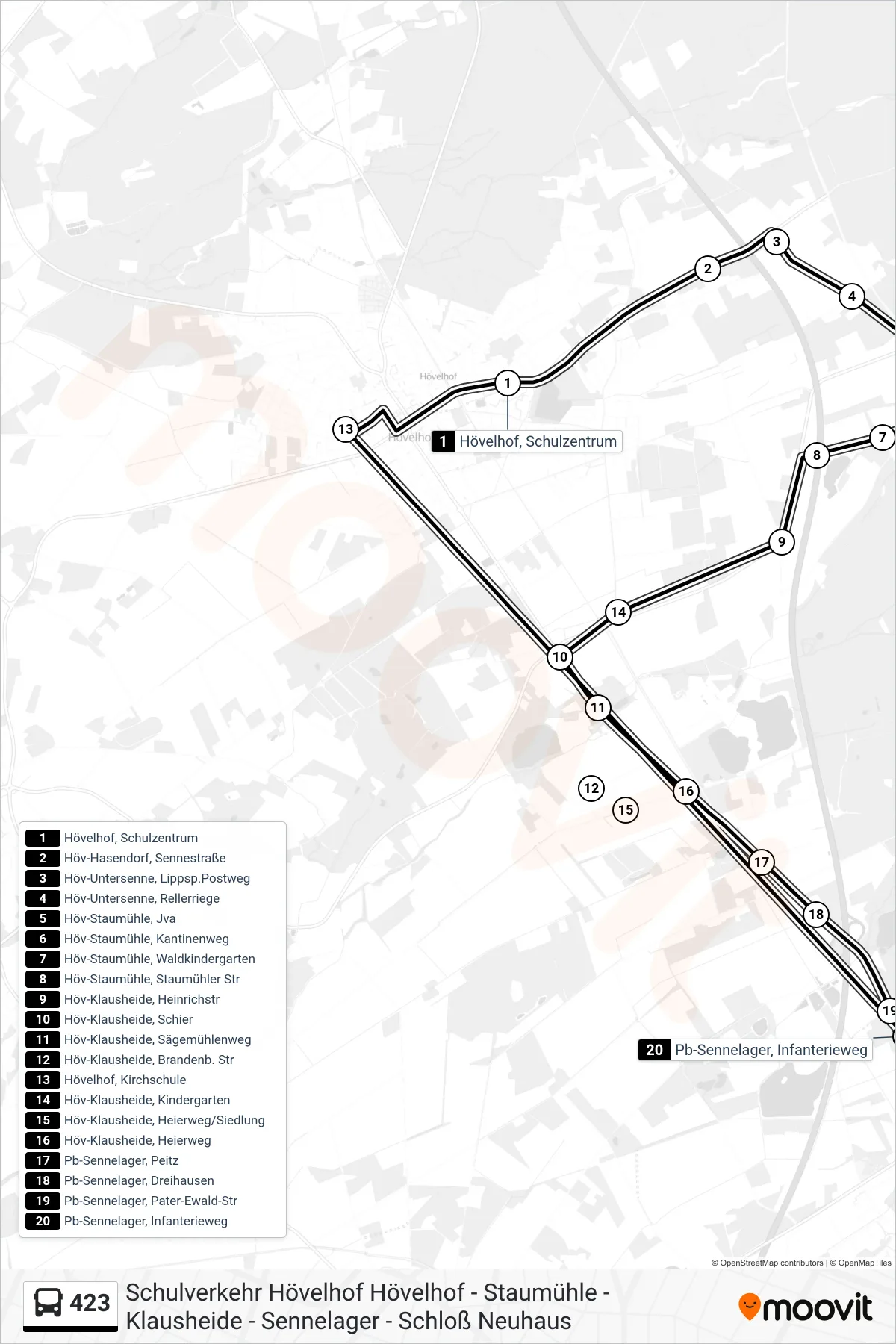 423 bus Line (Hövelhof, Kirchschule) route and stops on a map