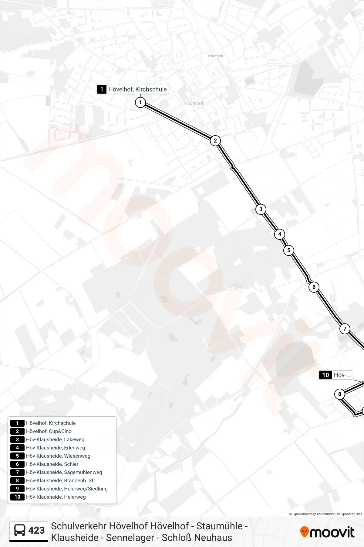 423 bus Line (Höv-Klausheide, Heierweg) route and stops on a map