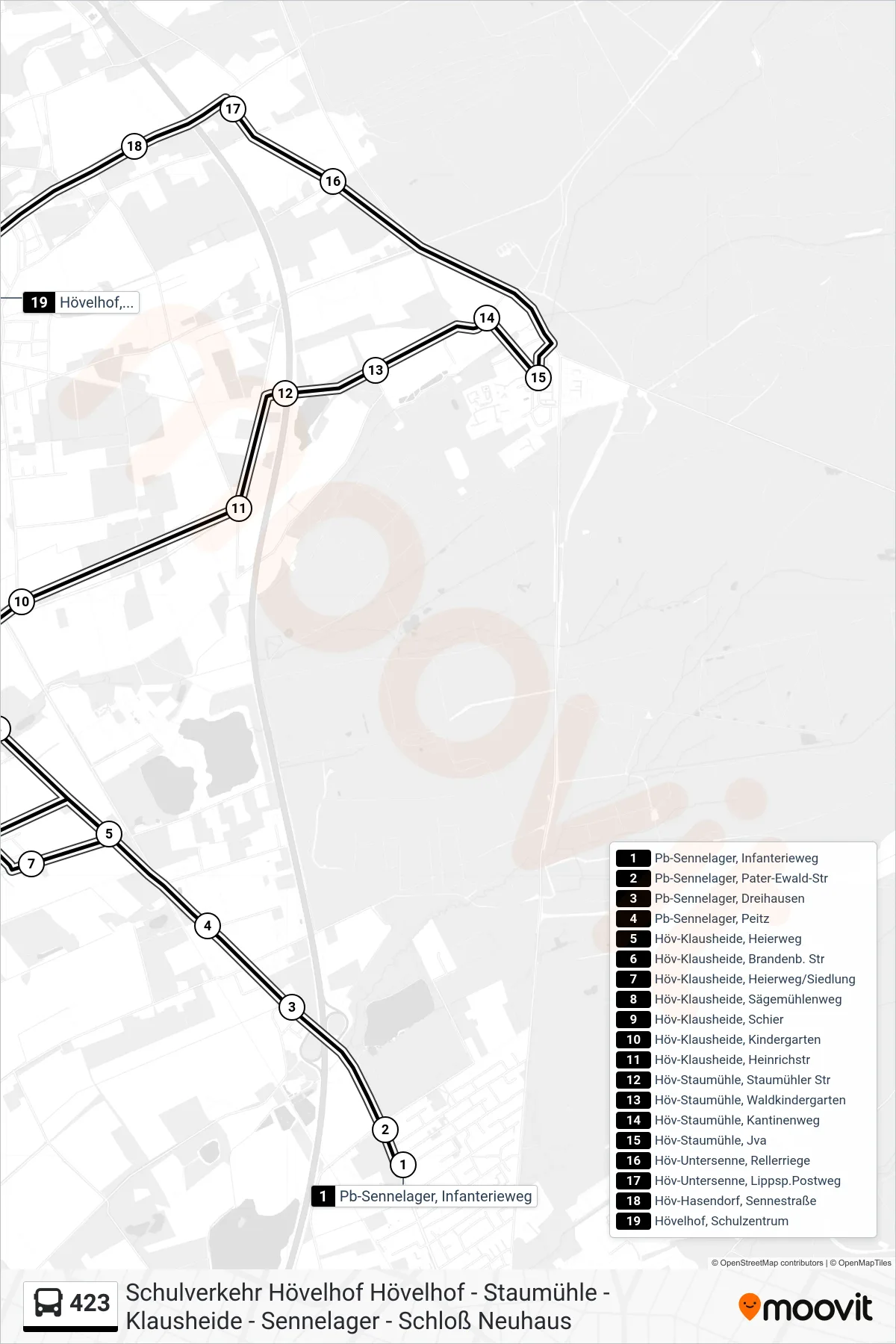 Linie 423 (Bus) Richtung Hövelhof, Schulzentrum: Route und Haltestellen auf der Karte