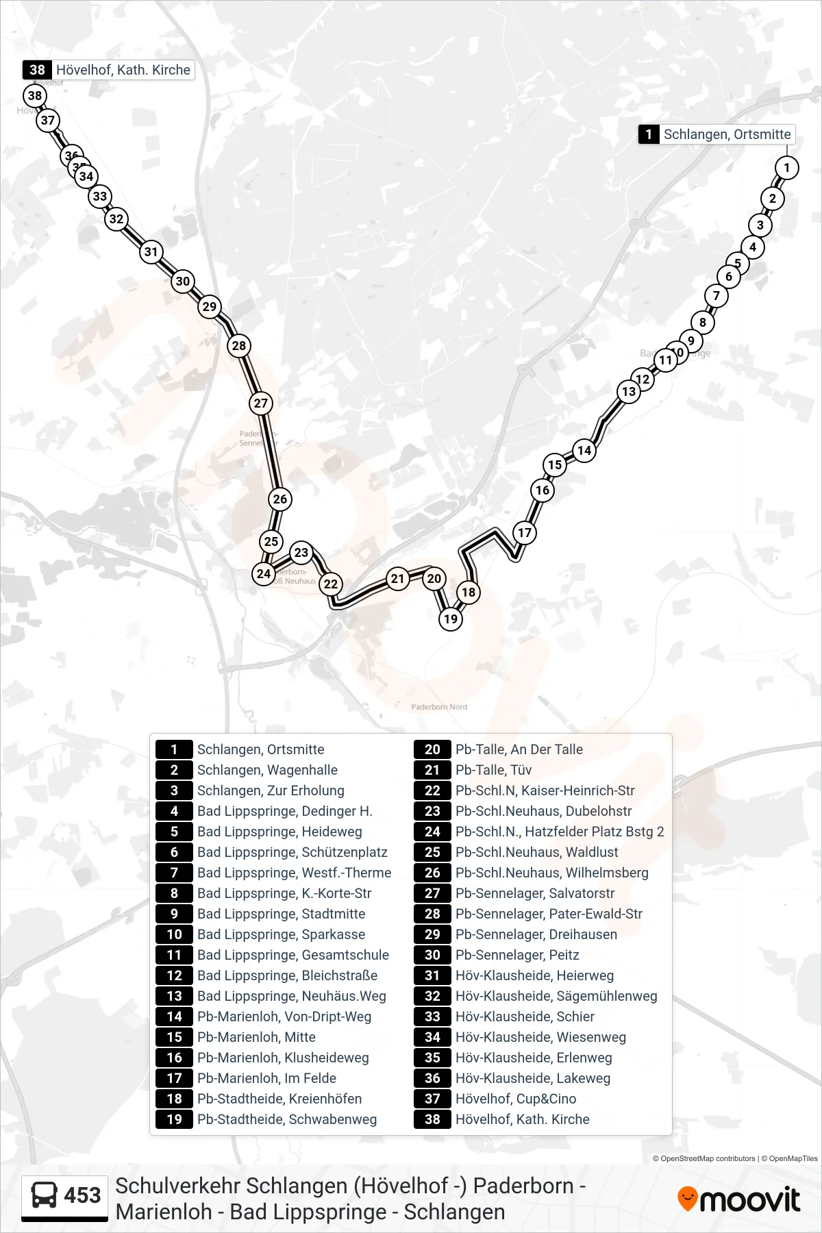 Linie 453 (Bus) Richtung Hövelhof, Kath. Kirche: Route und Haltestellen auf der Karte