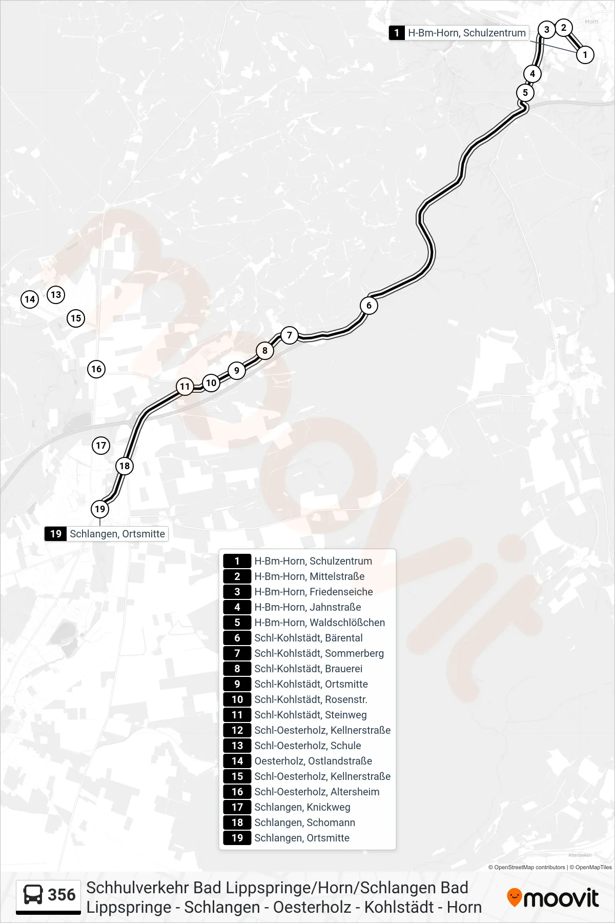 356 bus Line (Schlangen, Ortsmitte) route and stops on a map