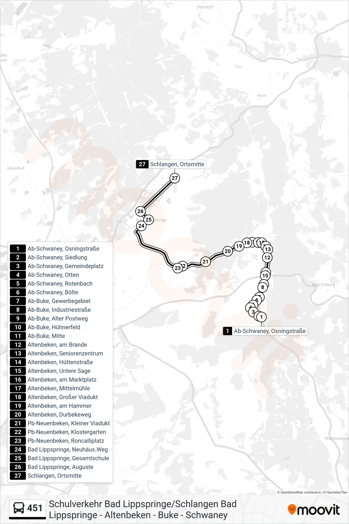 Linie 451 (Bus) Richtung Schlangen, Ortsmitte: Route und Haltestellen auf der Karte