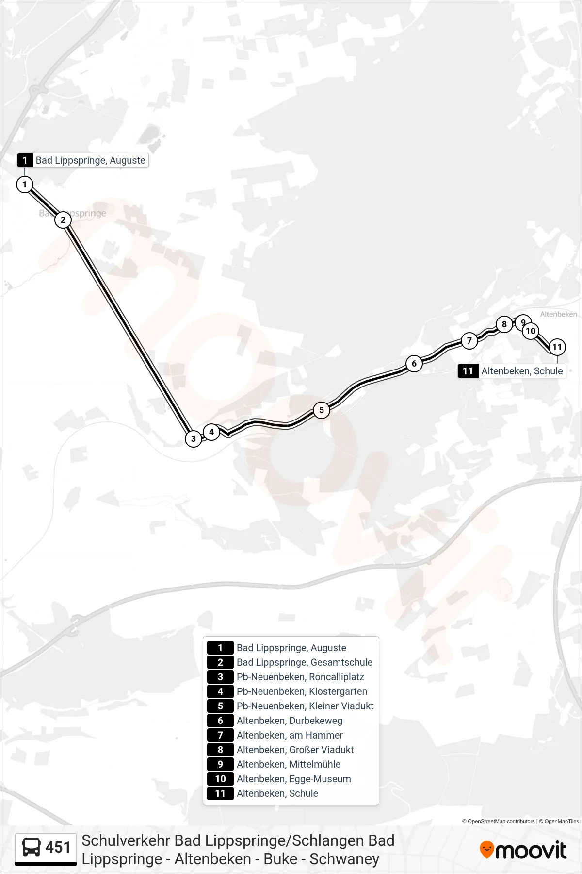 451 bus Line (Altenbeken, Schule) route and stops on a map