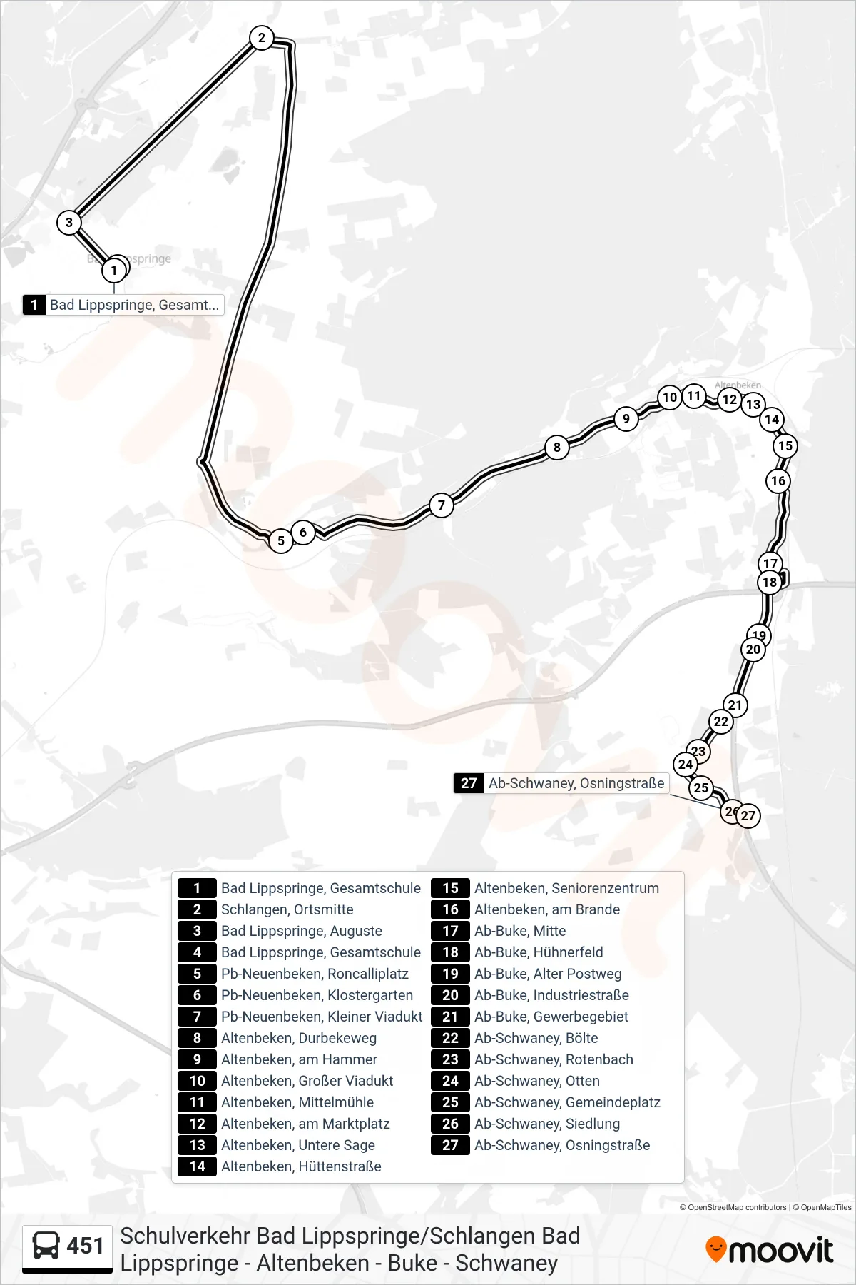 451 bus Line (Ab-Schwaney, Osningstraße) route and stops on a map