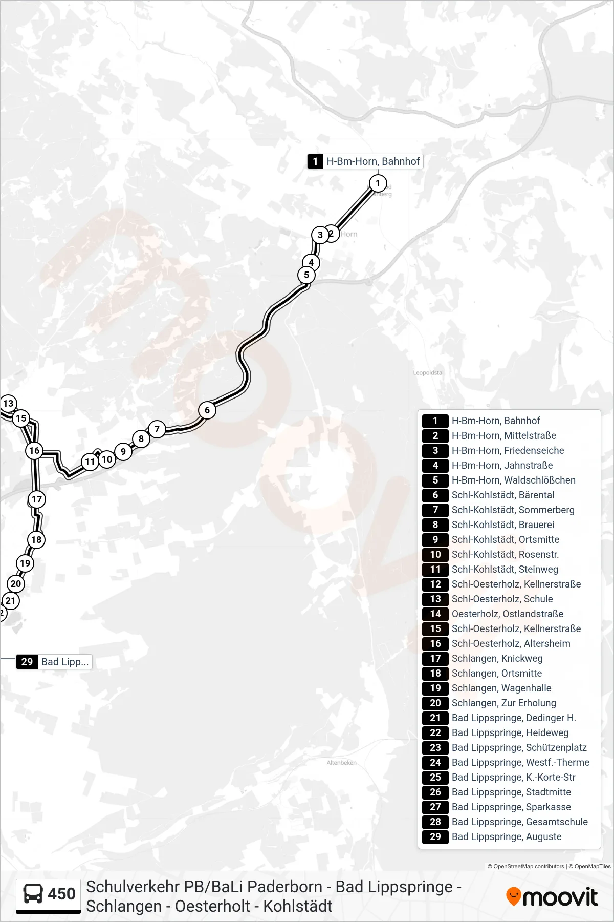 450 bus Line (Bad Lippspringe, Auguste) route and stops on a map
