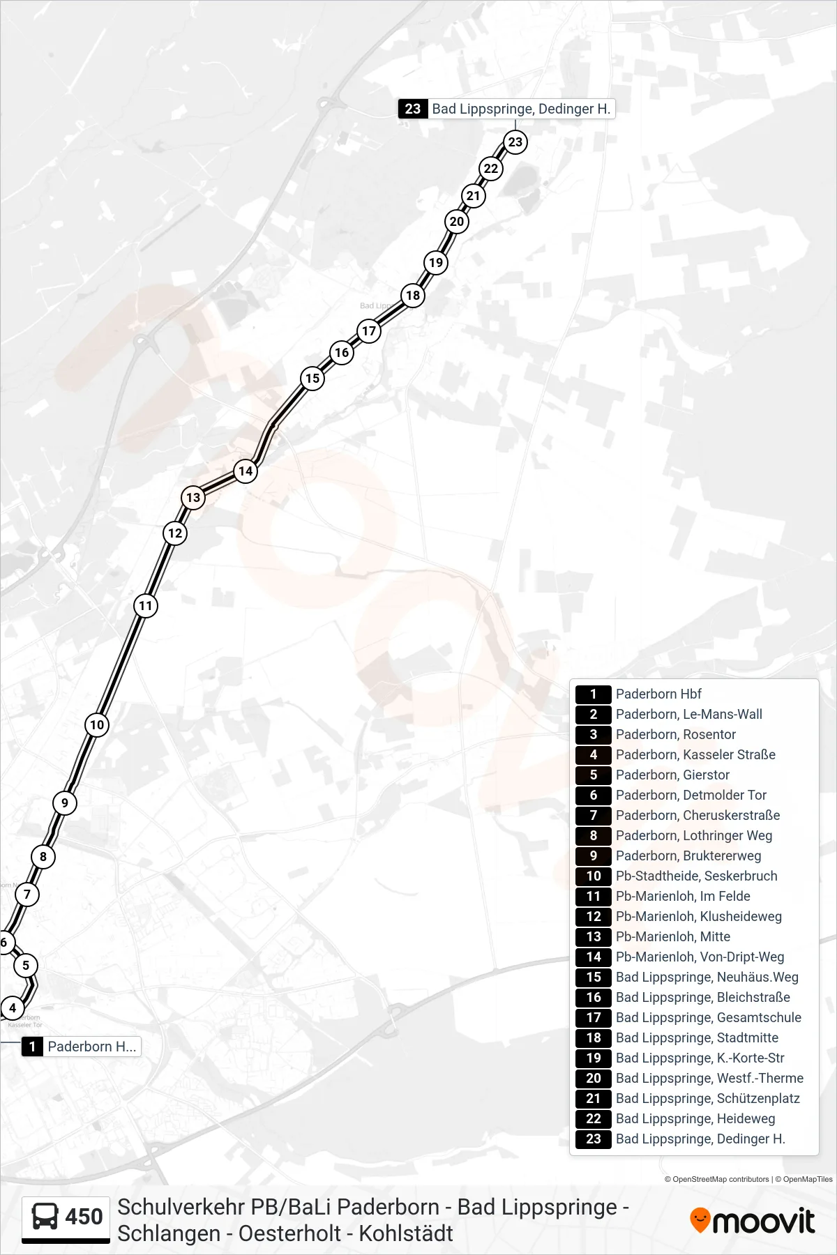 450 bus Line (Bad Lippspringe, Dedinger H.) route and stops on a map